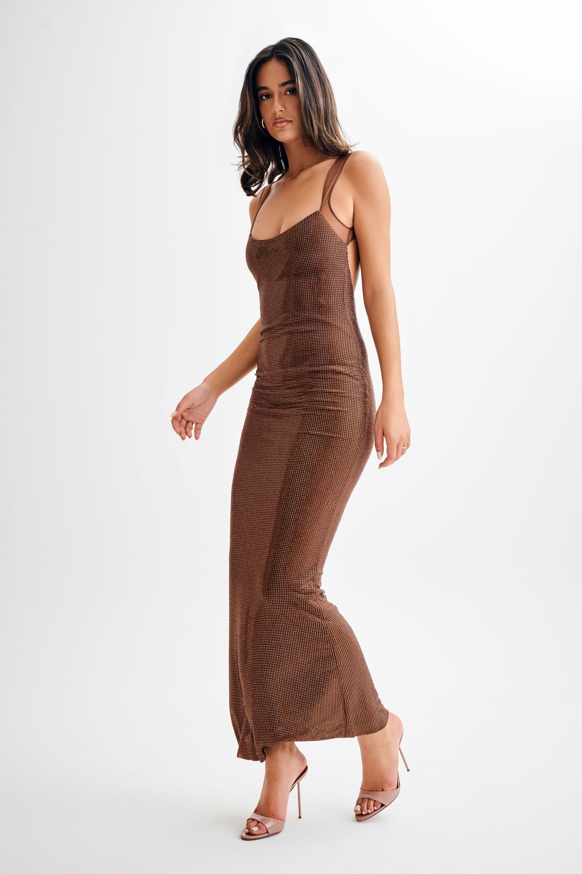 Hot Fix Maxi Dress With Mesh Back - Chocolate