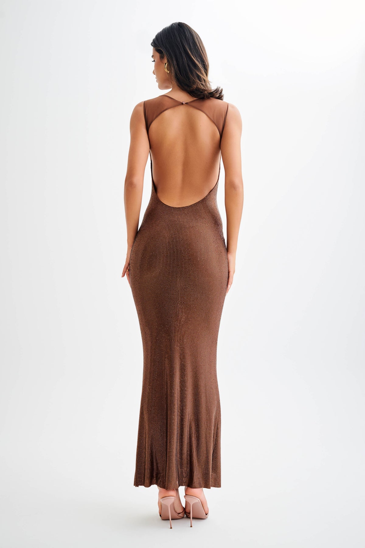 Hot Fix Maxi Dress With Mesh Back - Chocolate