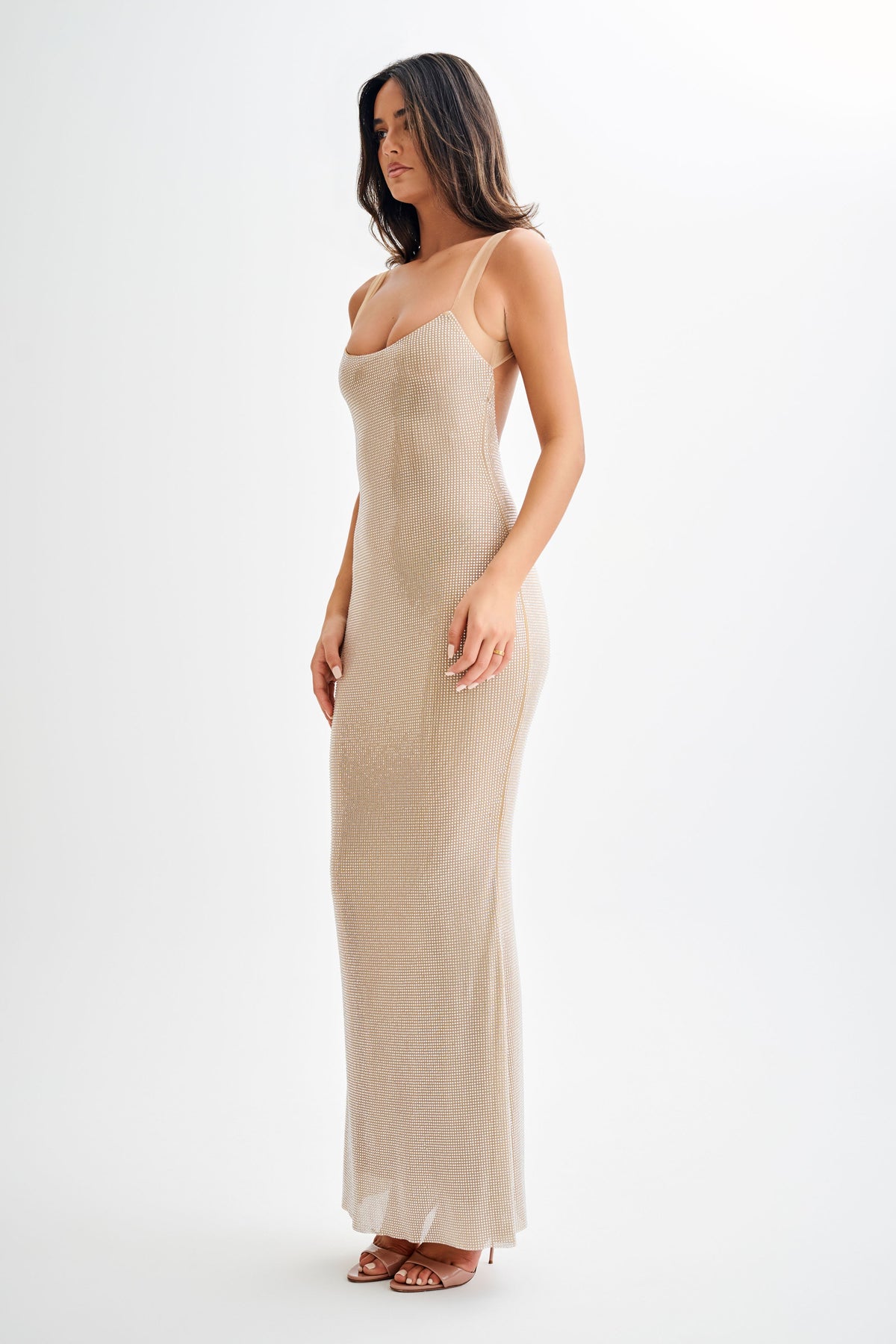 Hot Fix Maxi Dress With Mesh Back - Nude