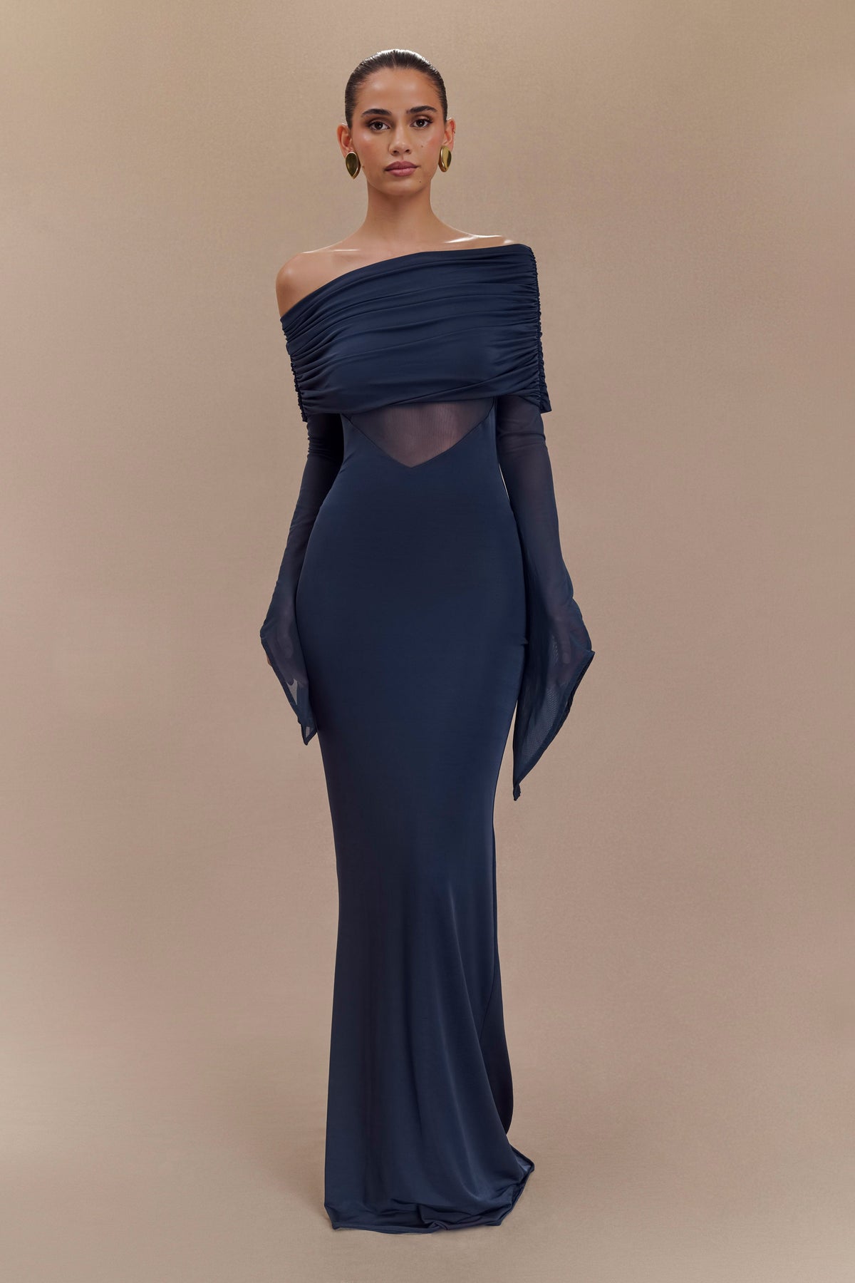 One Shoulder Slinky And Mesh Maxi Dress - Midnight Blue
