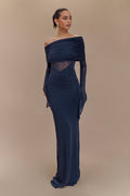 One Shoulder Slinky And Mesh Maxi Dress - Midnight Blue