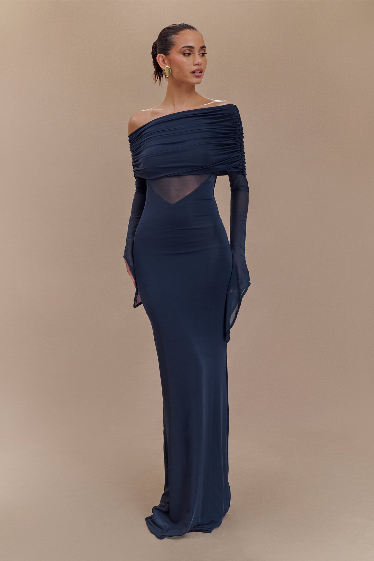 One Shoulder Slinky And Mesh Maxi Dress - Midnight Blue
