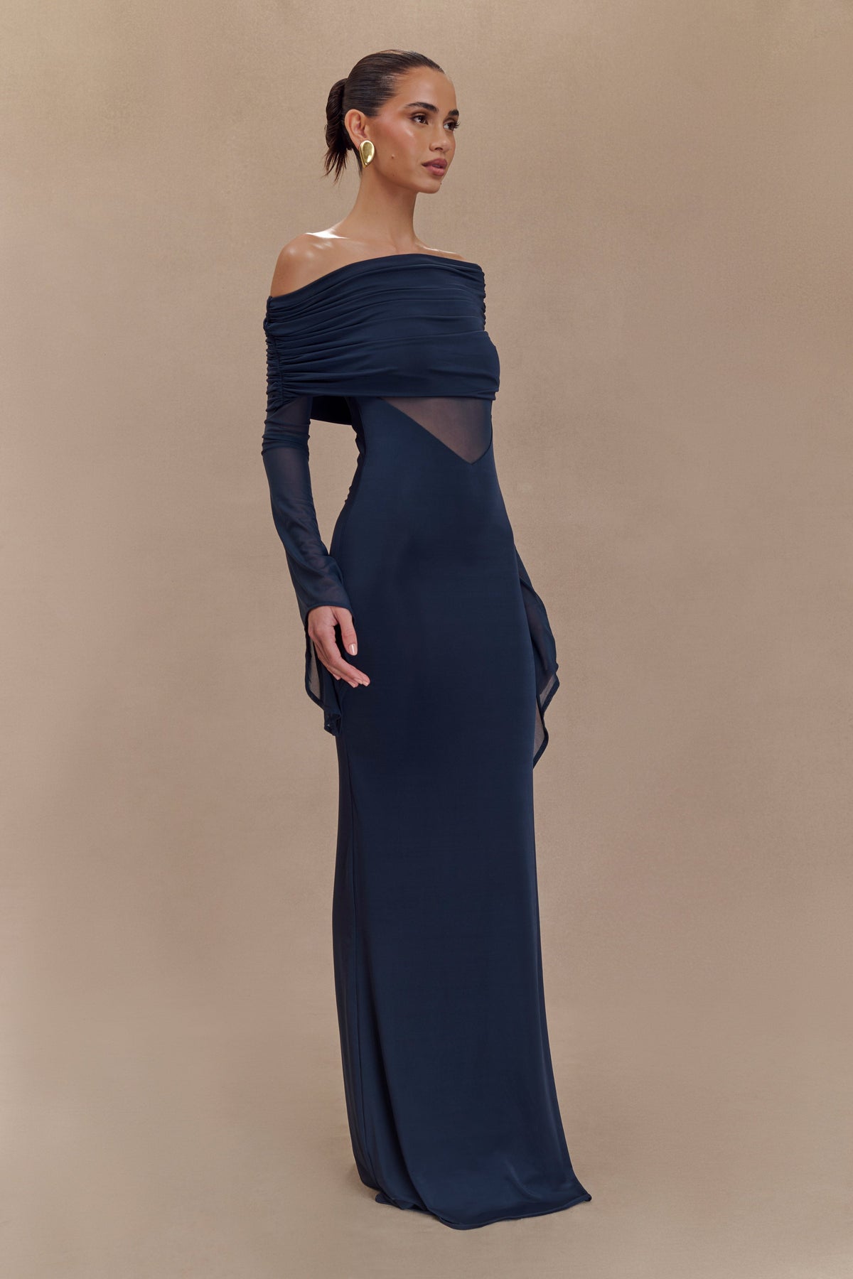 One Shoulder Slinky And Mesh Maxi Dress - Midnight Blue