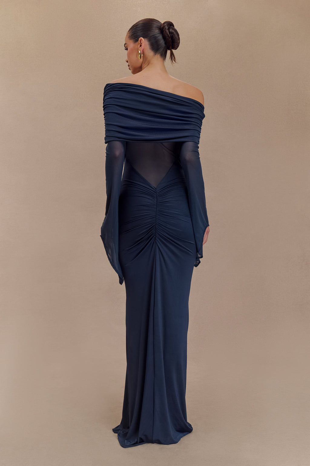 One Shoulder Slinky And Mesh Maxi Dress - Midnight Blue