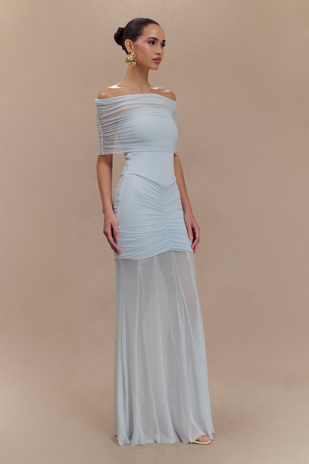 Slinky And Mesh Off Shoulder Maxi Dress - Pale Blue