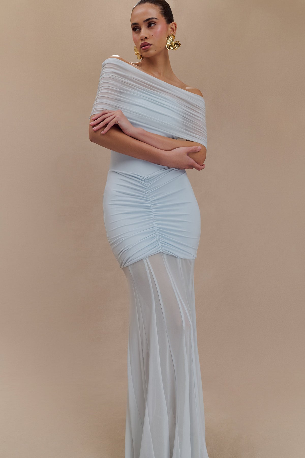 Slinky And Mesh Off Shoulder Maxi Dress - Pale Blue