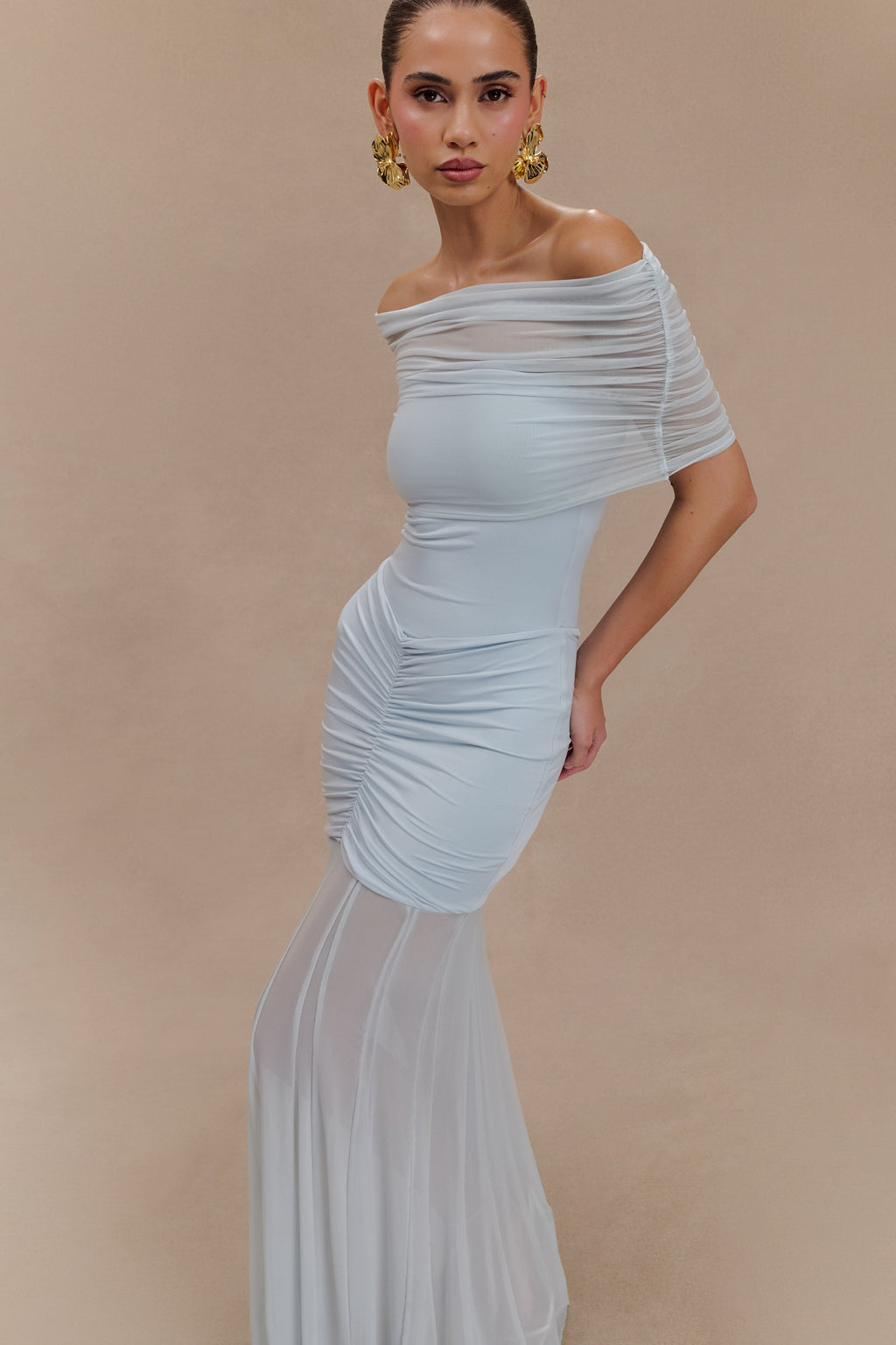 Slinky And Mesh Off Shoulder Maxi Dress - Pale Blue