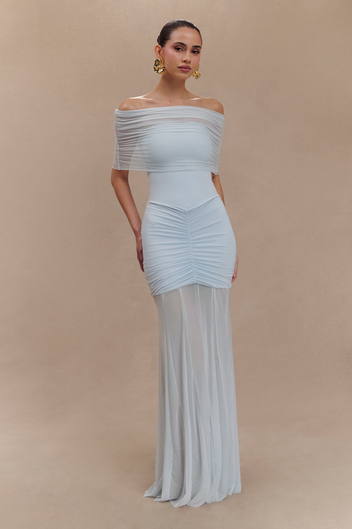 Slinky And Mesh Off Shoulder Maxi Dress - Pale Blue