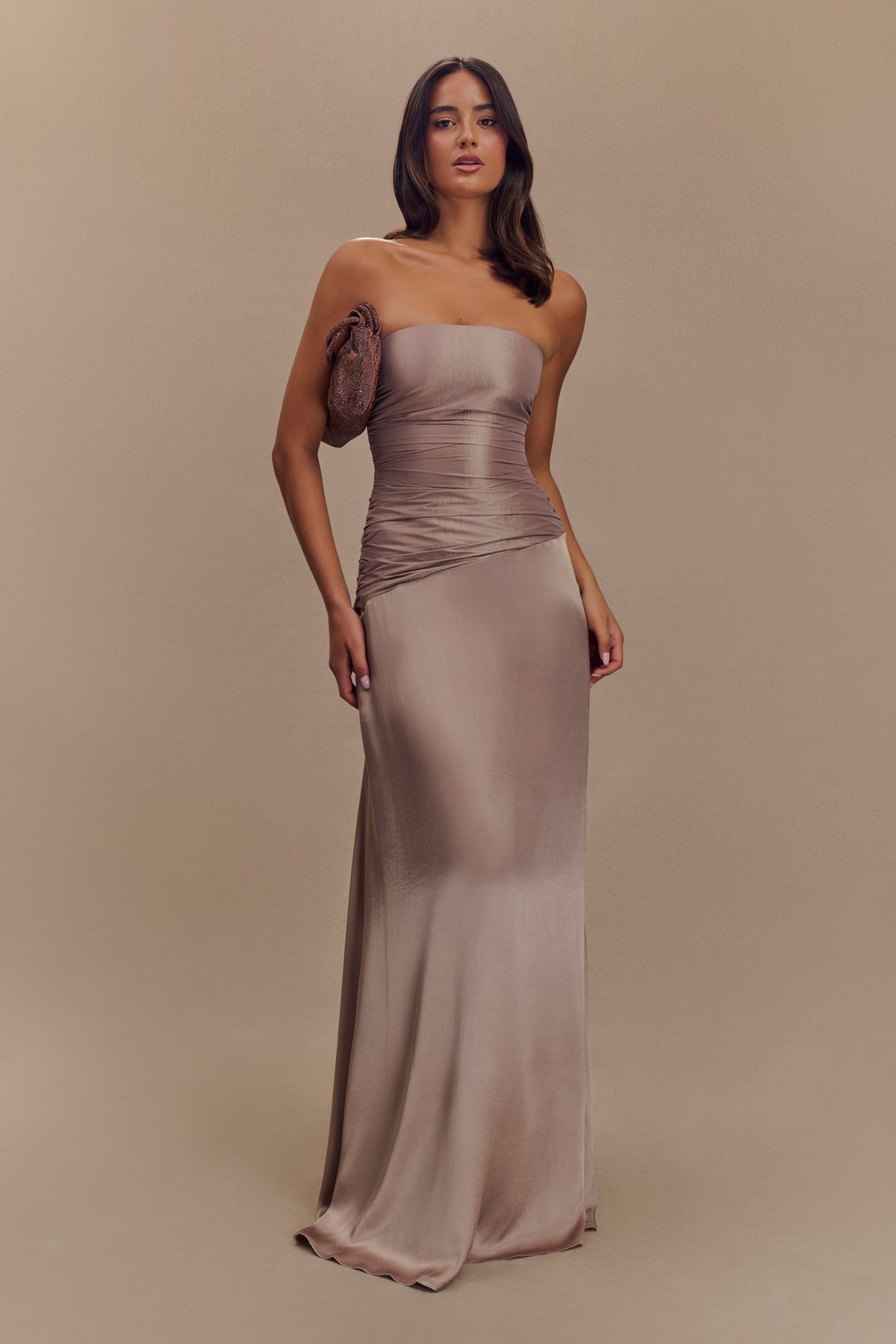 Strapless Taffeta Maxi Dress - Bronze Taupe