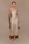 Diamante Halter Midi Dress - Nude