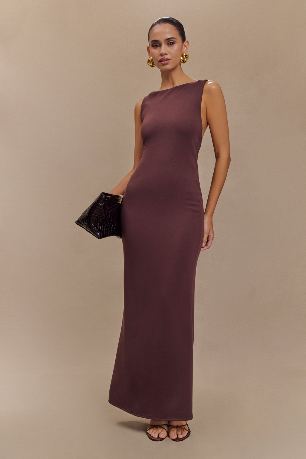 Asymmetrical Scuba Jersey Midi Dress - Cacao Brown
