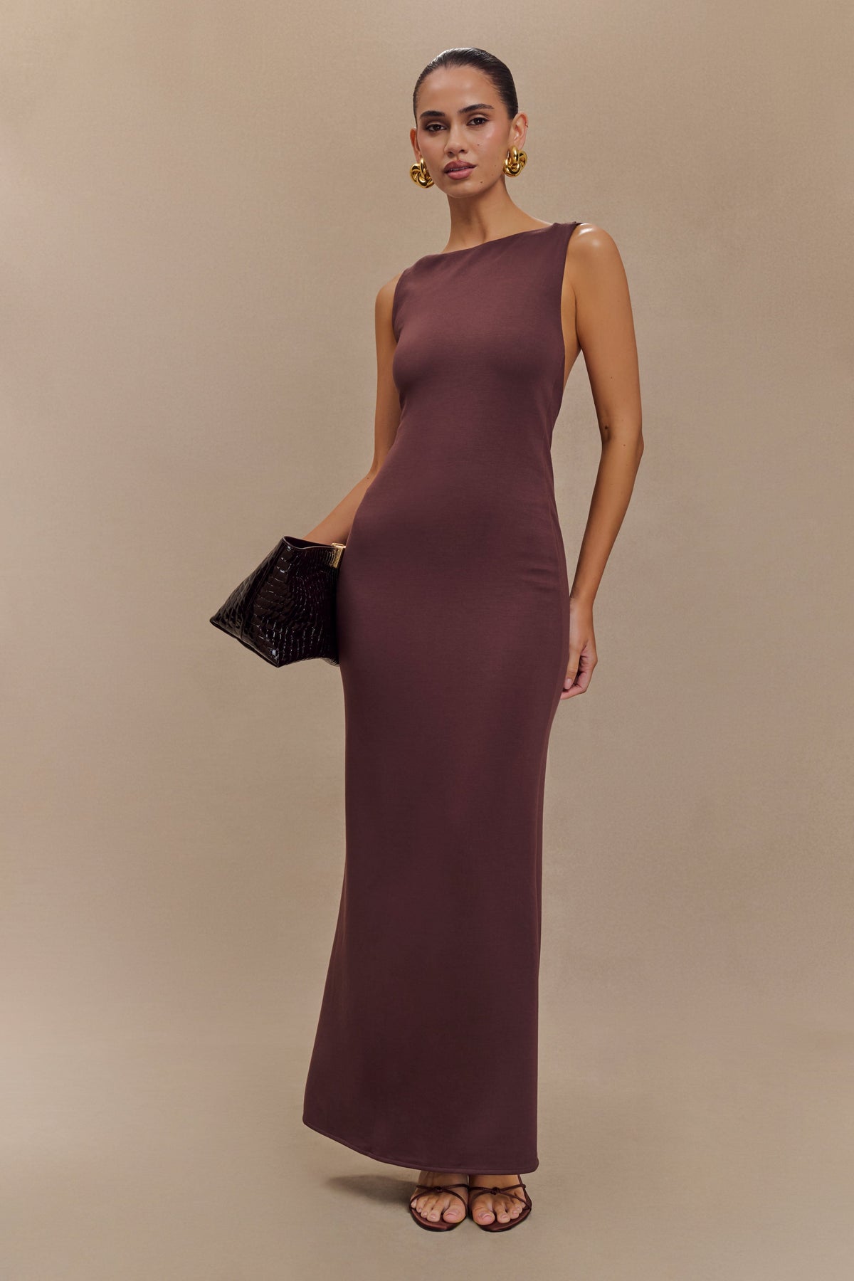 Asymmetrical Scuba Jersey Midi Dress - Cacao Brown