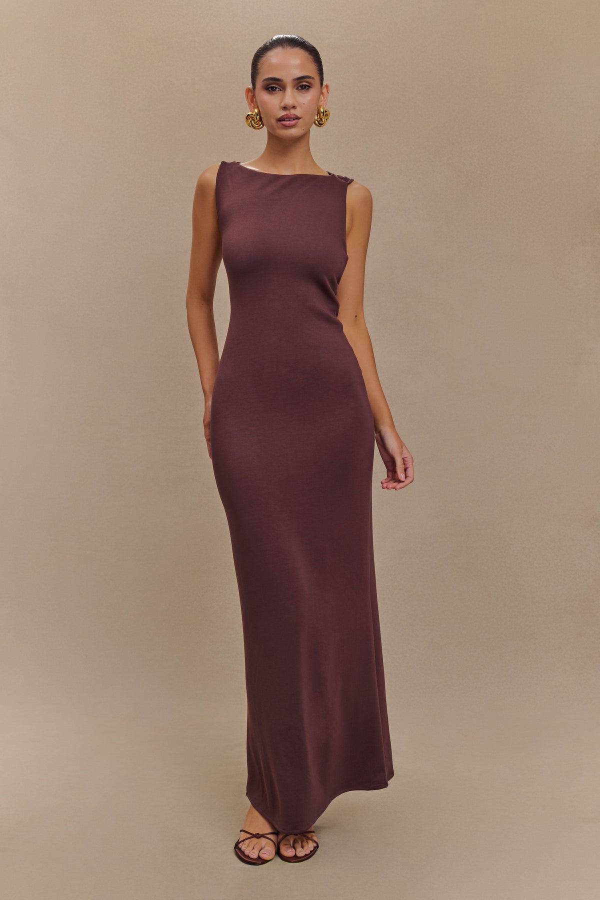 Asymmetrical Scuba Jersey Midi Dress - Cacao Brown