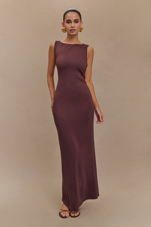 Asymmetrical Scuba Jersey Midi Dress - Cacao Brown