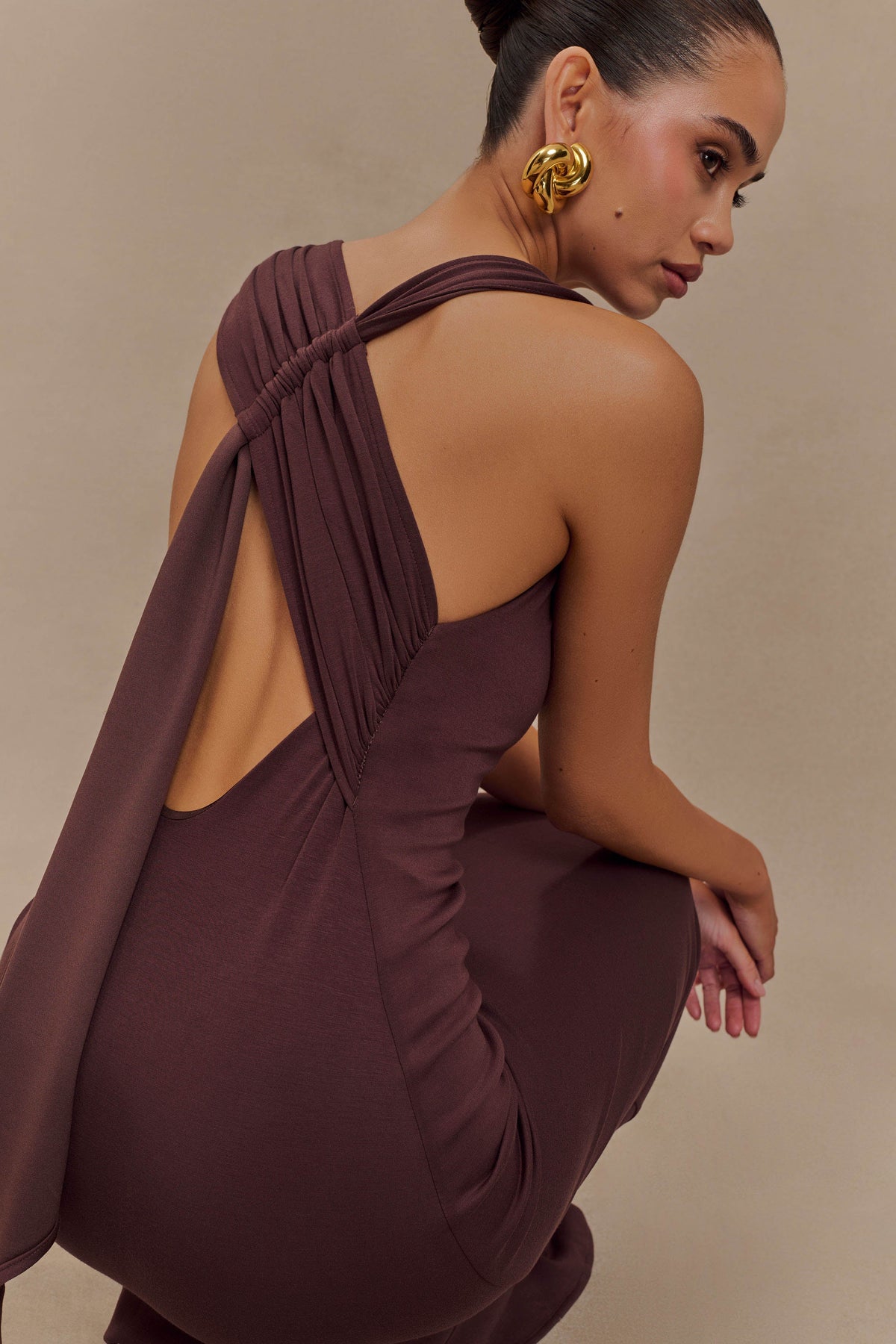 Asymmetrical Scuba Jersey Midi Dress - Cacao Brown