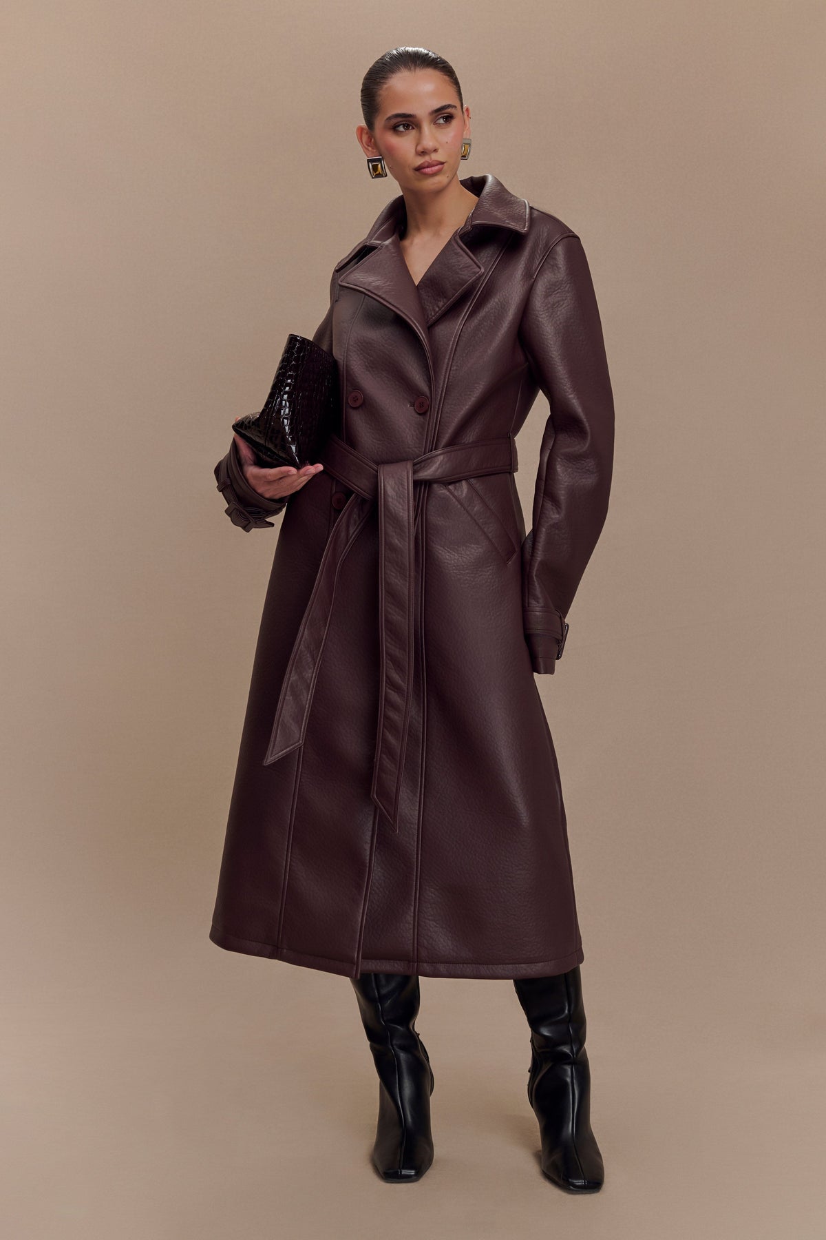 Faux Leather Trench Coat - Cacao Brown