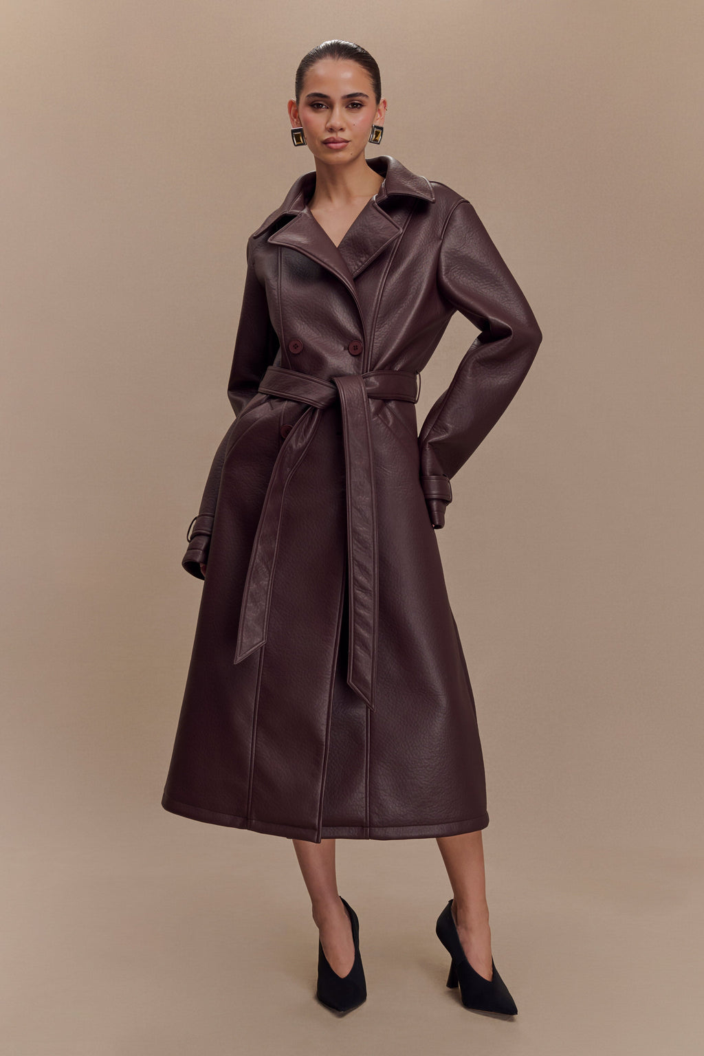 Faux Leather Trench Coat - Cacao Brown
