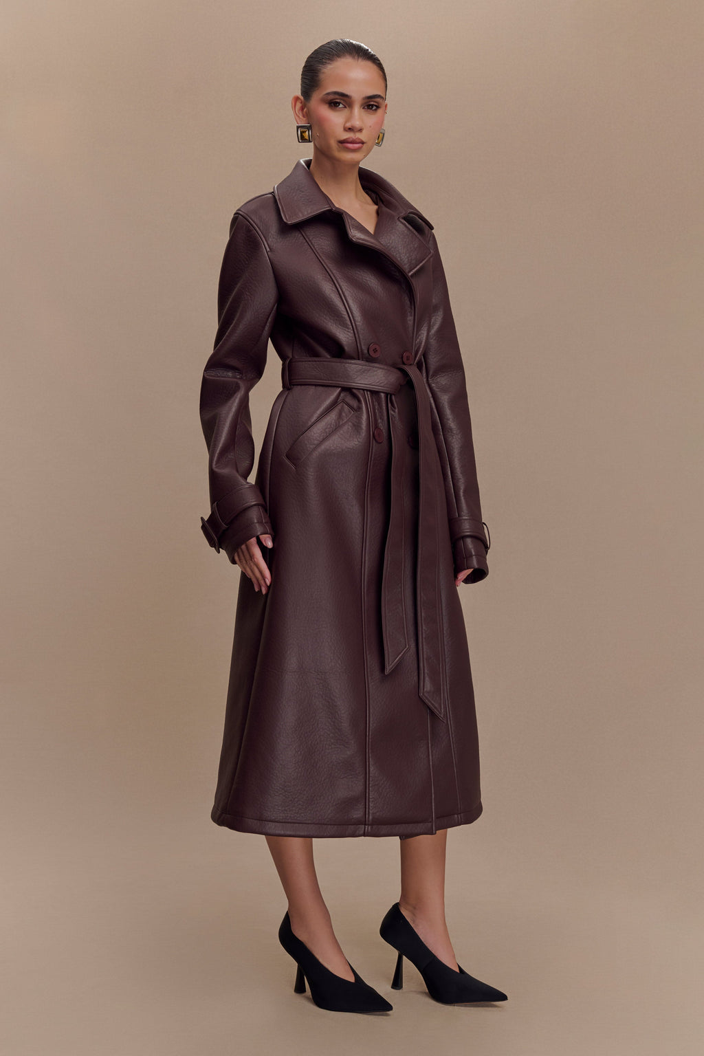 Faux Leather Trench Coat - Cacao Brown