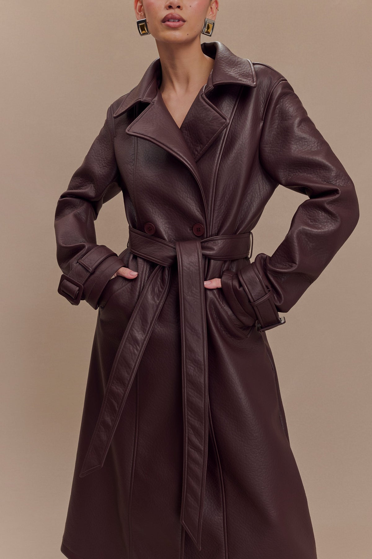Faux Leather Trench Coat - Cacao Brown