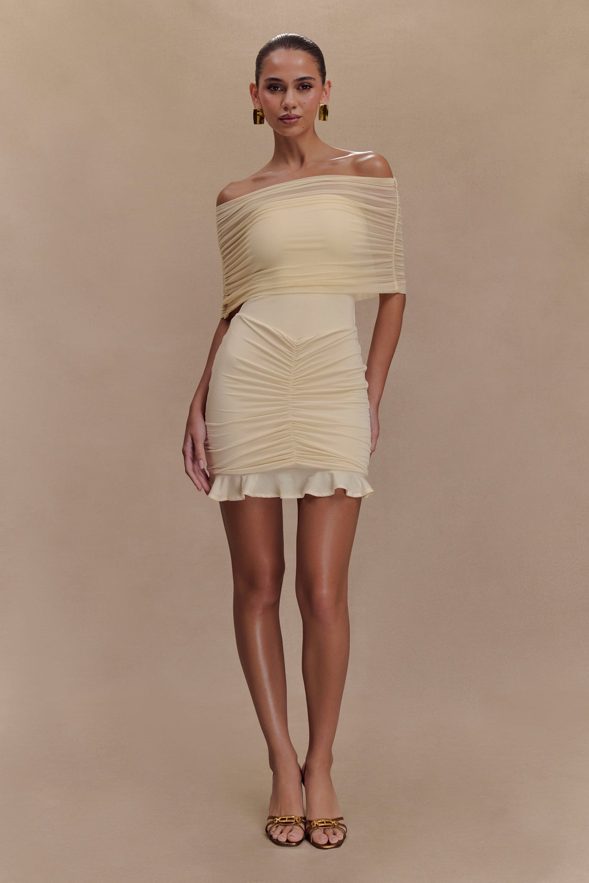 Slinky And Mesh Off Shoulder Mini Dress - Ivory