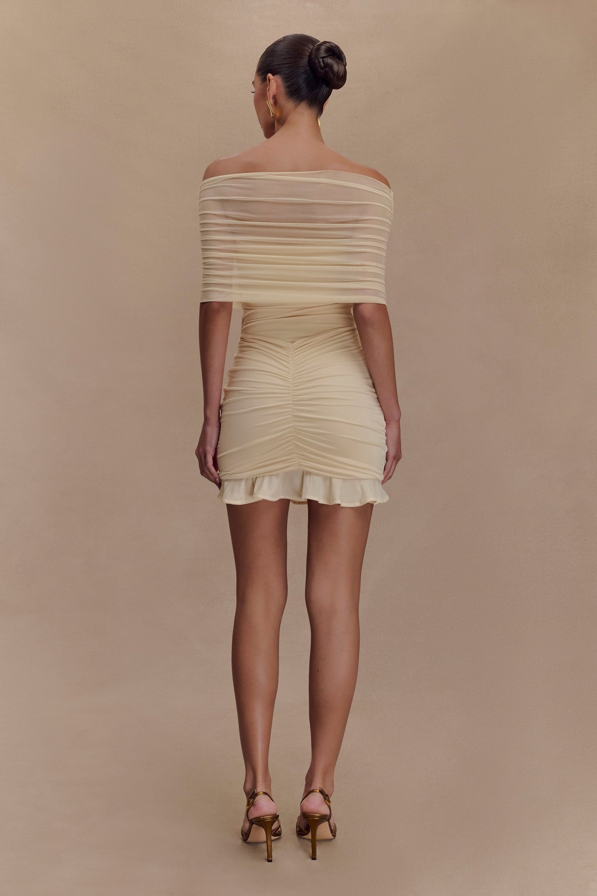 Slinky And Mesh Off Shoulder Mini Dress - Ivory
