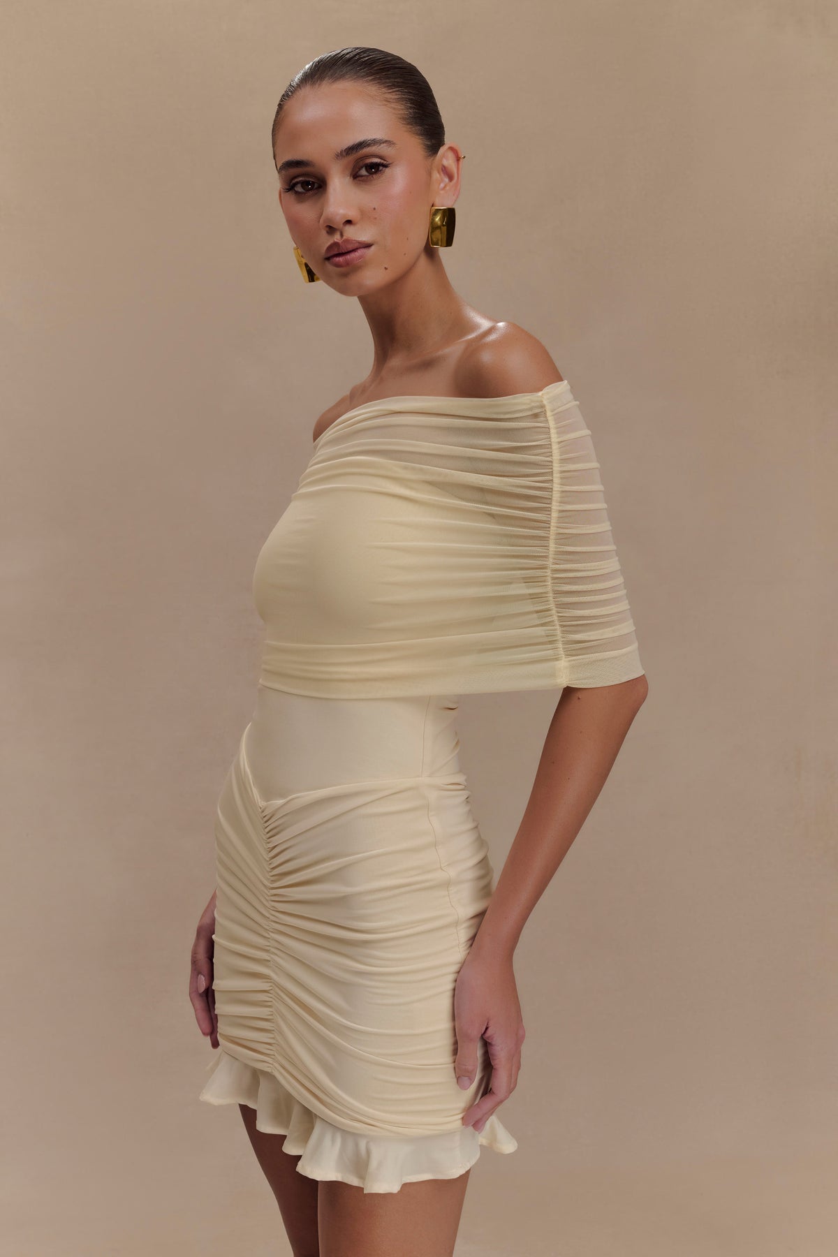 Slinky And Mesh Off Shoulder Mini Dress - Ivory