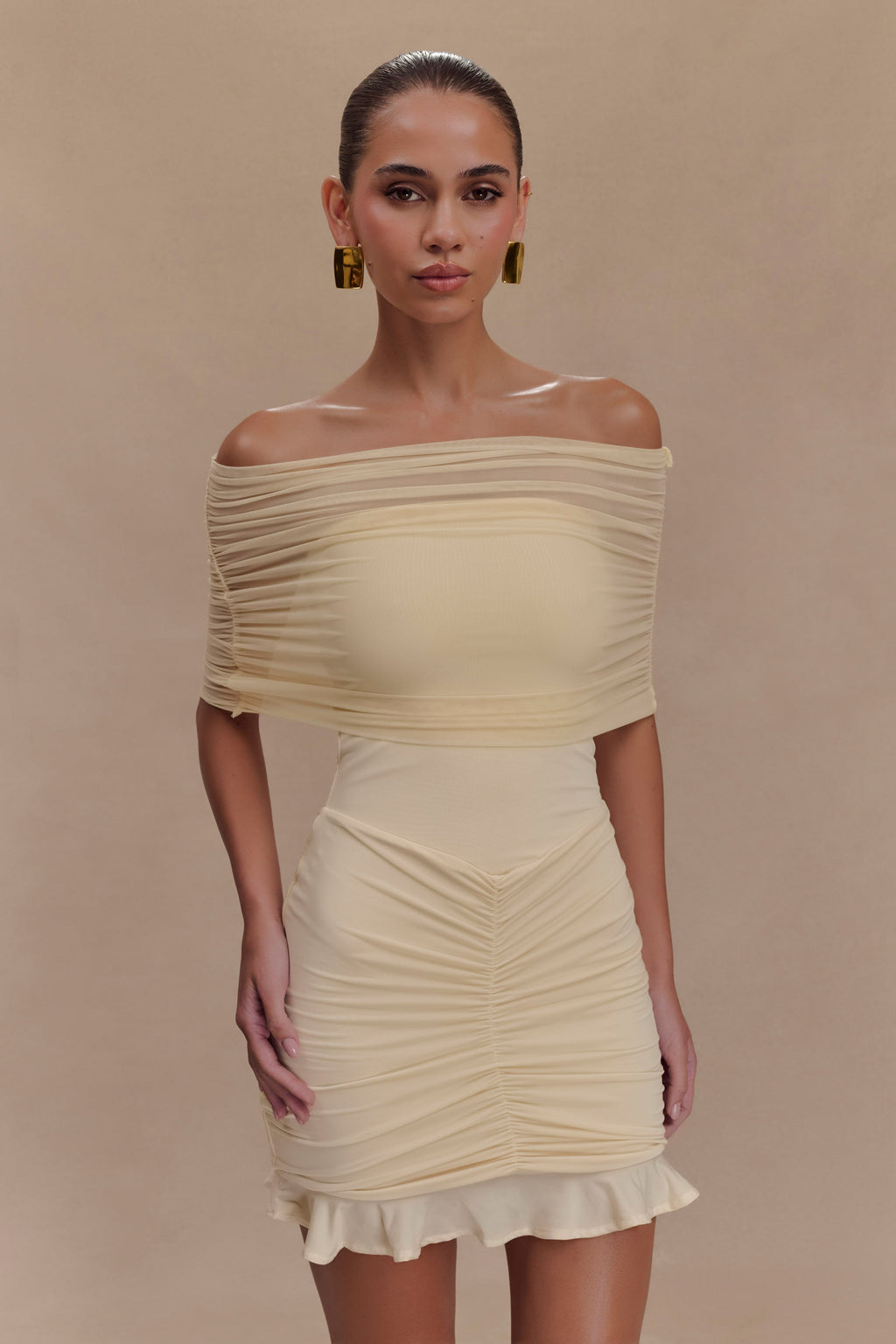 Slinky And Mesh Off Shoulder Mini Dress - Ivory