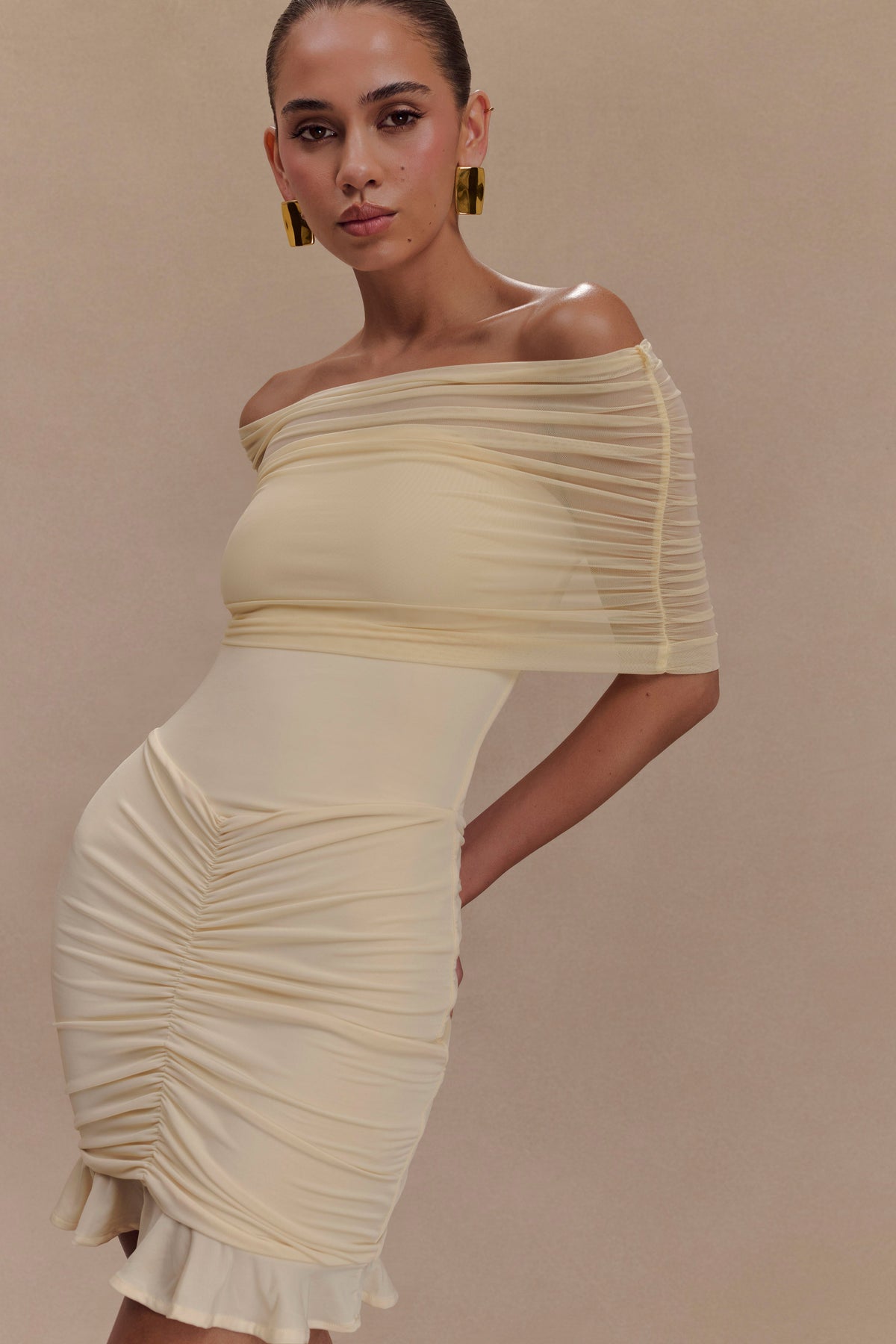 Slinky And Mesh Off Shoulder Mini Dress - Ivory