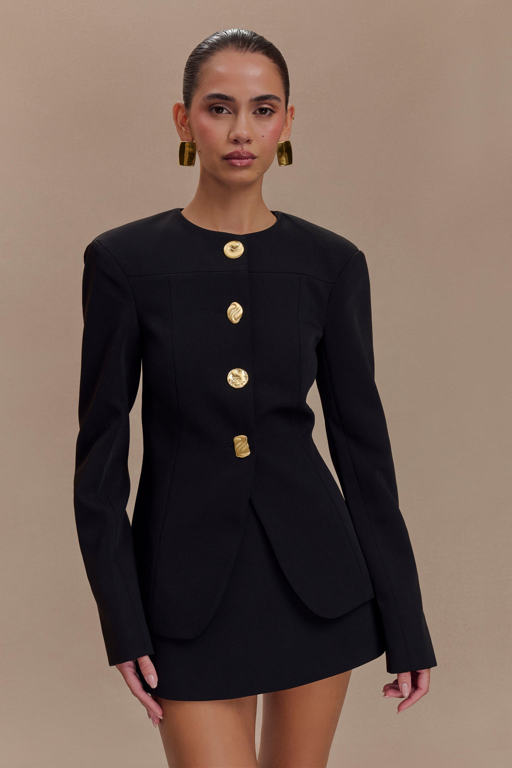 Mixed Button Blazer - Black