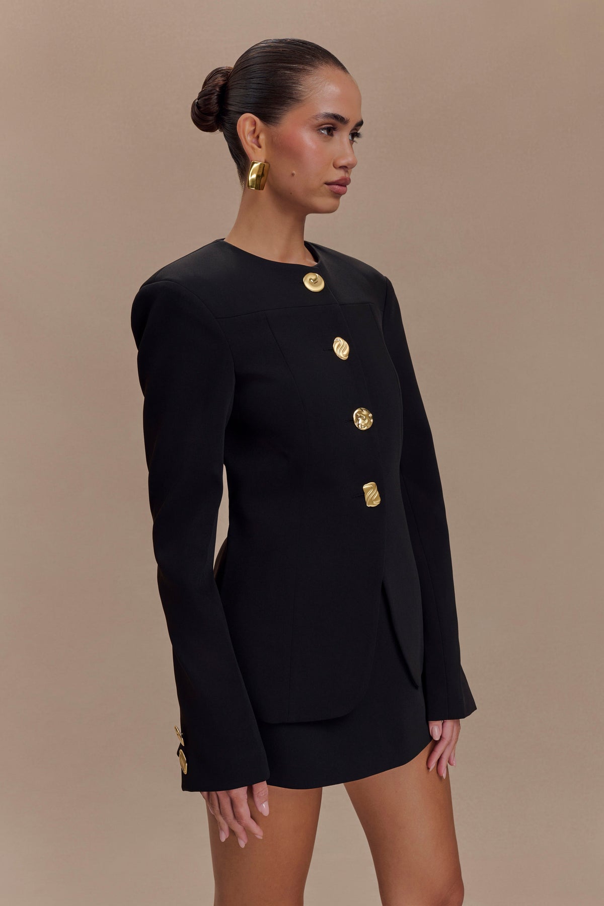 Mixed Button Blazer - Black