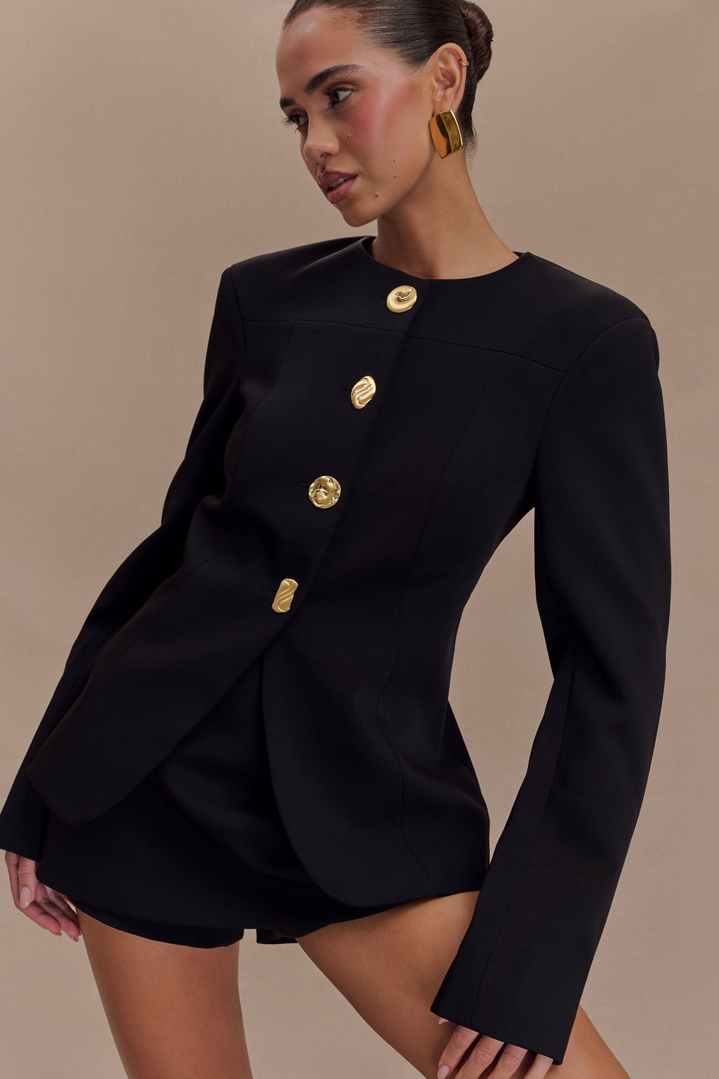 Mixed Button Blazer - Black