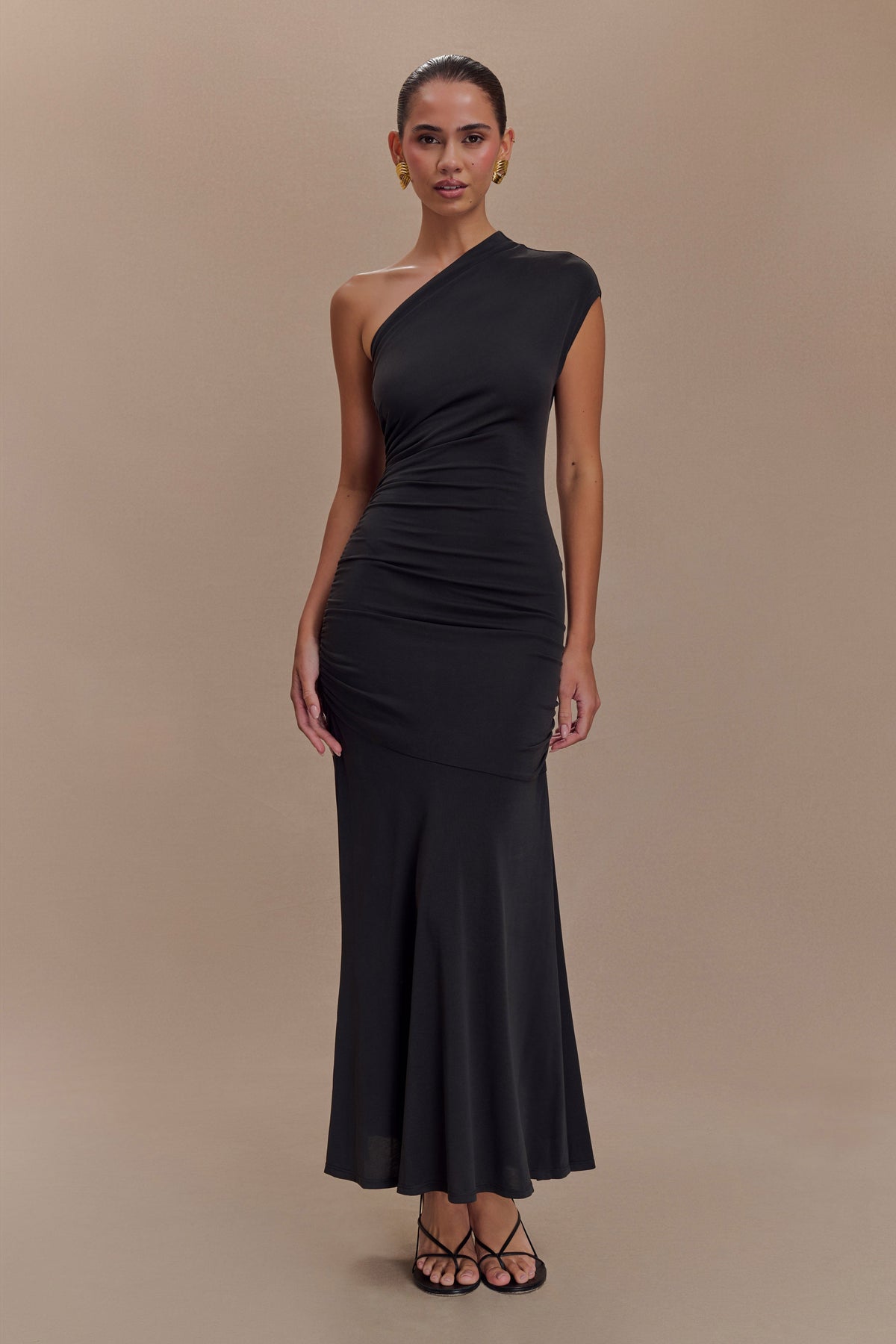 Peached Jersey One Shoulder Midi Dress - Black