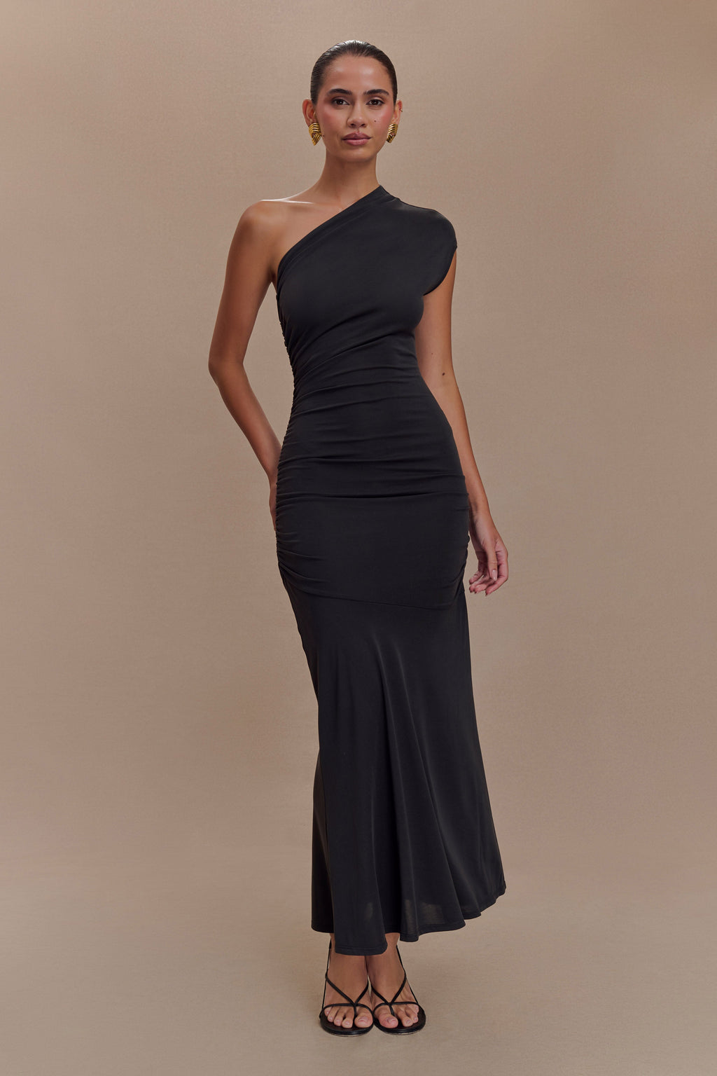 Peached Jersey One Shoulder Midi Dress - Black