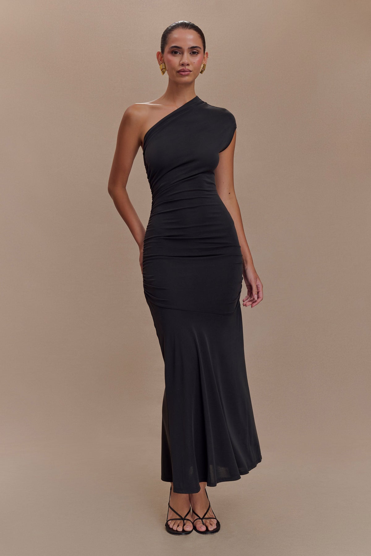 Peached Jersey One Shoulder Midi Dress - Black