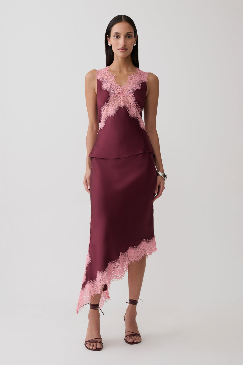 Satin And Lace Midi Skirt - Burgundy