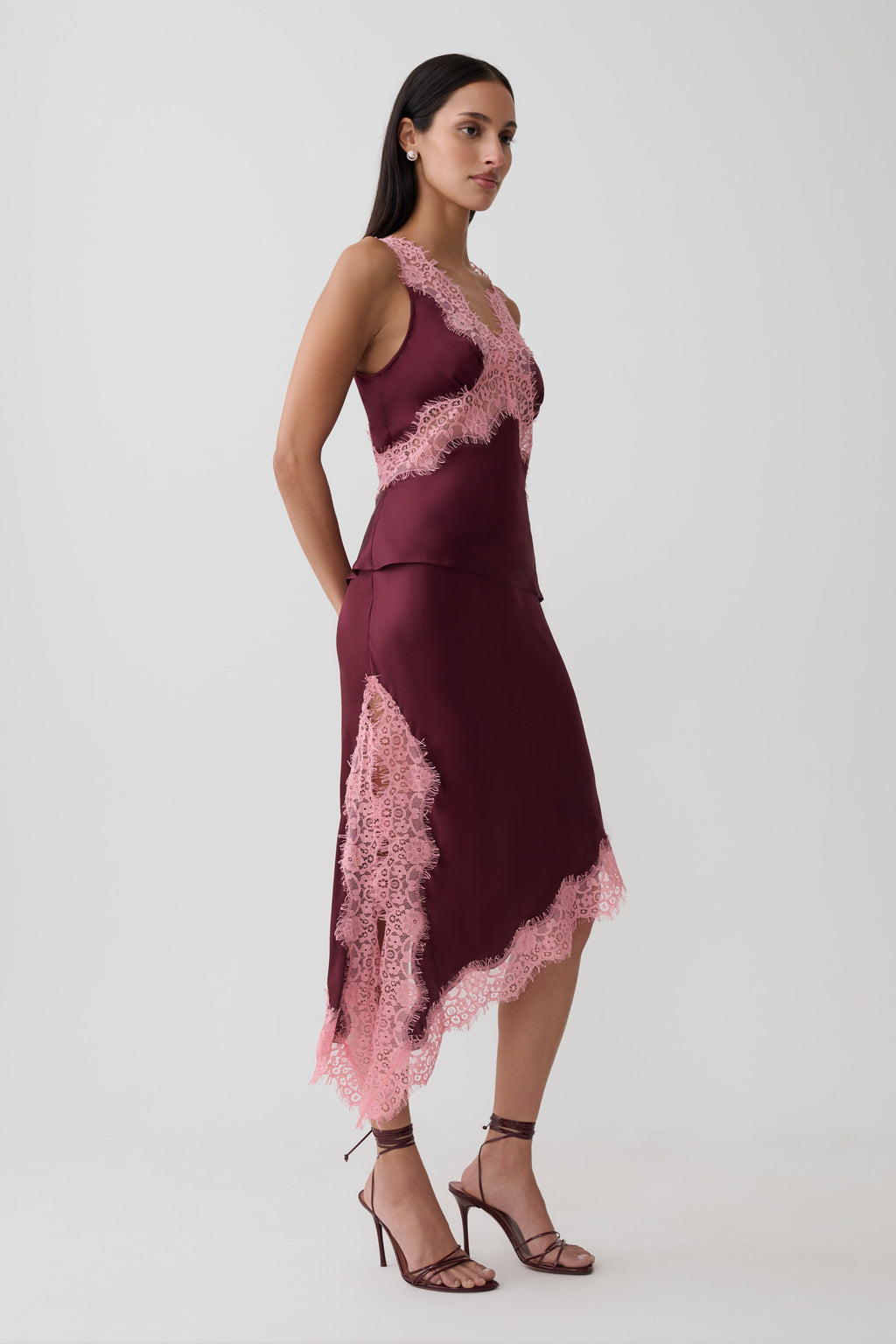 Satin And Lace Midi Skirt - Burgundy
