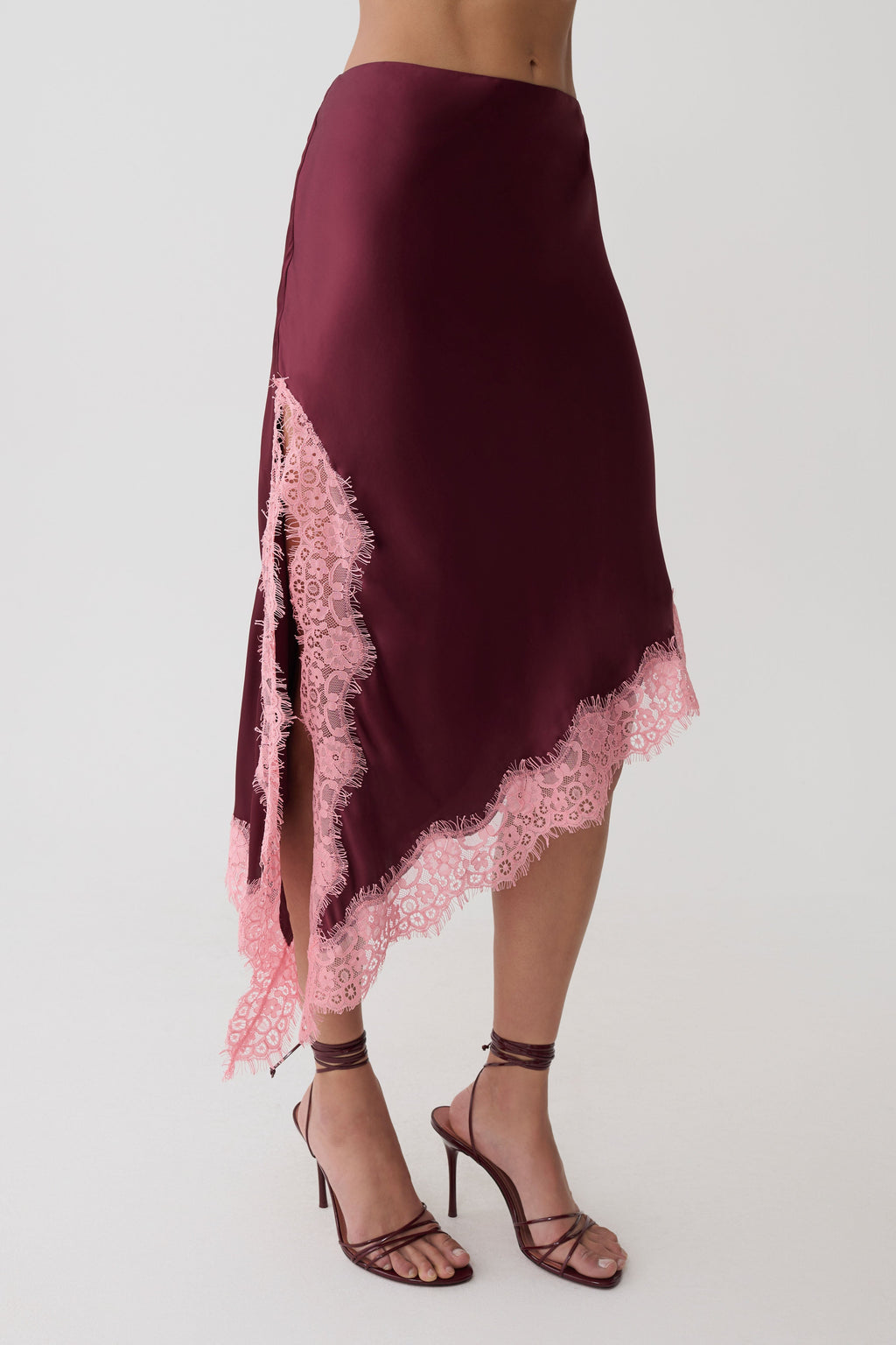 Satin And Lace Midi Skirt - Burgundy
