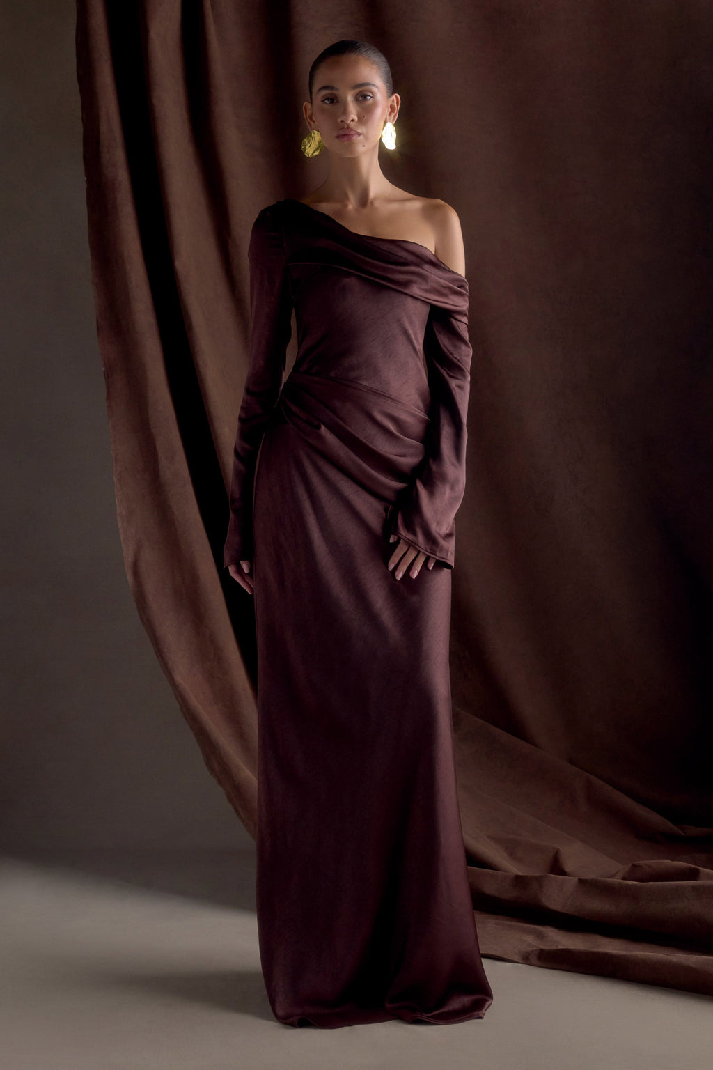 Long Sleeve Satin Maxi Dress - Dark Chocolate