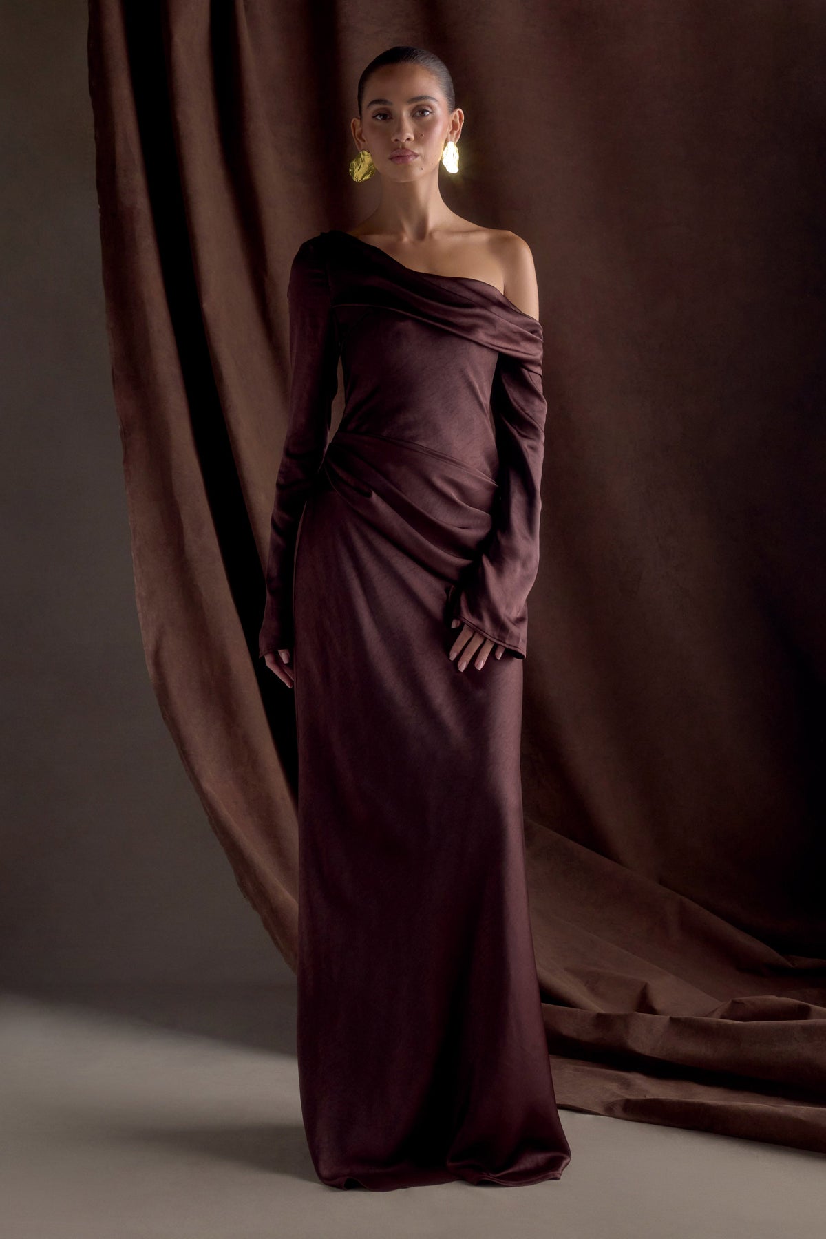 Long Sleeve Satin Maxi Dress - Dark Chocolate