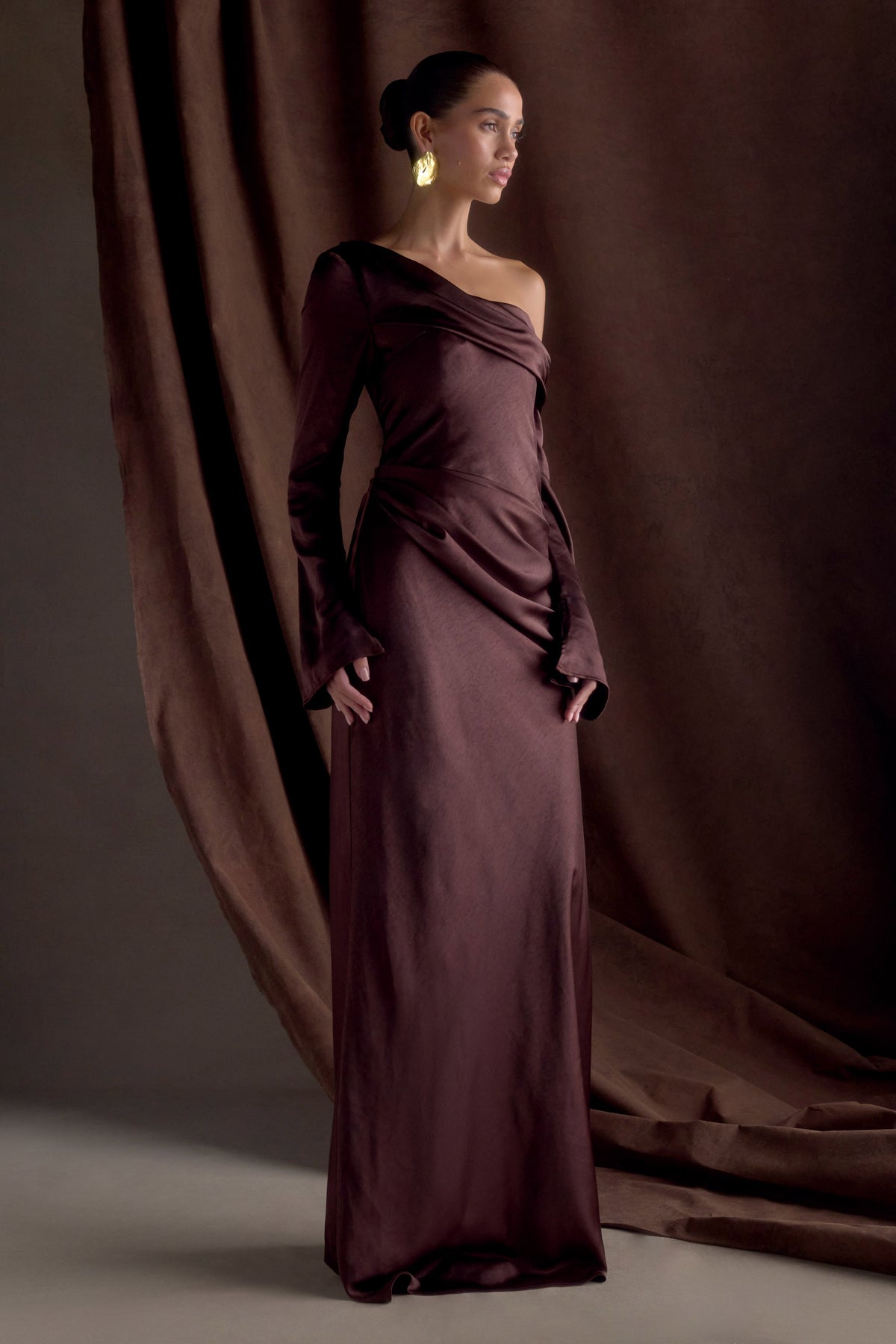 Long Sleeve Satin Maxi Dress - Dark Chocolate