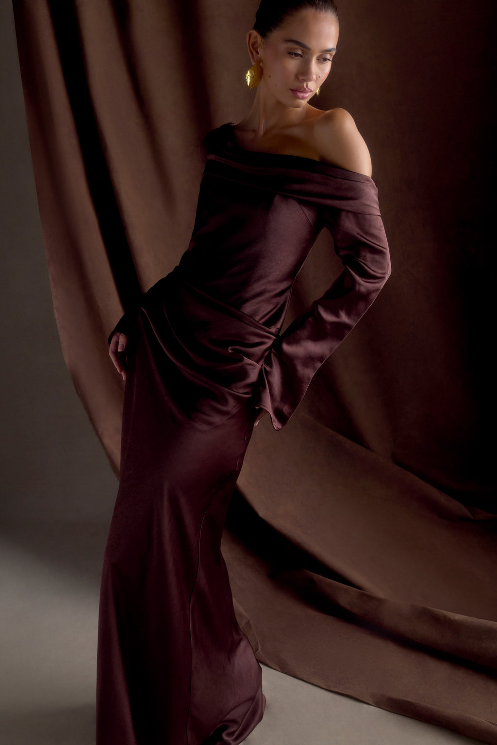Long Sleeve Satin Maxi Dress - Dark Chocolate