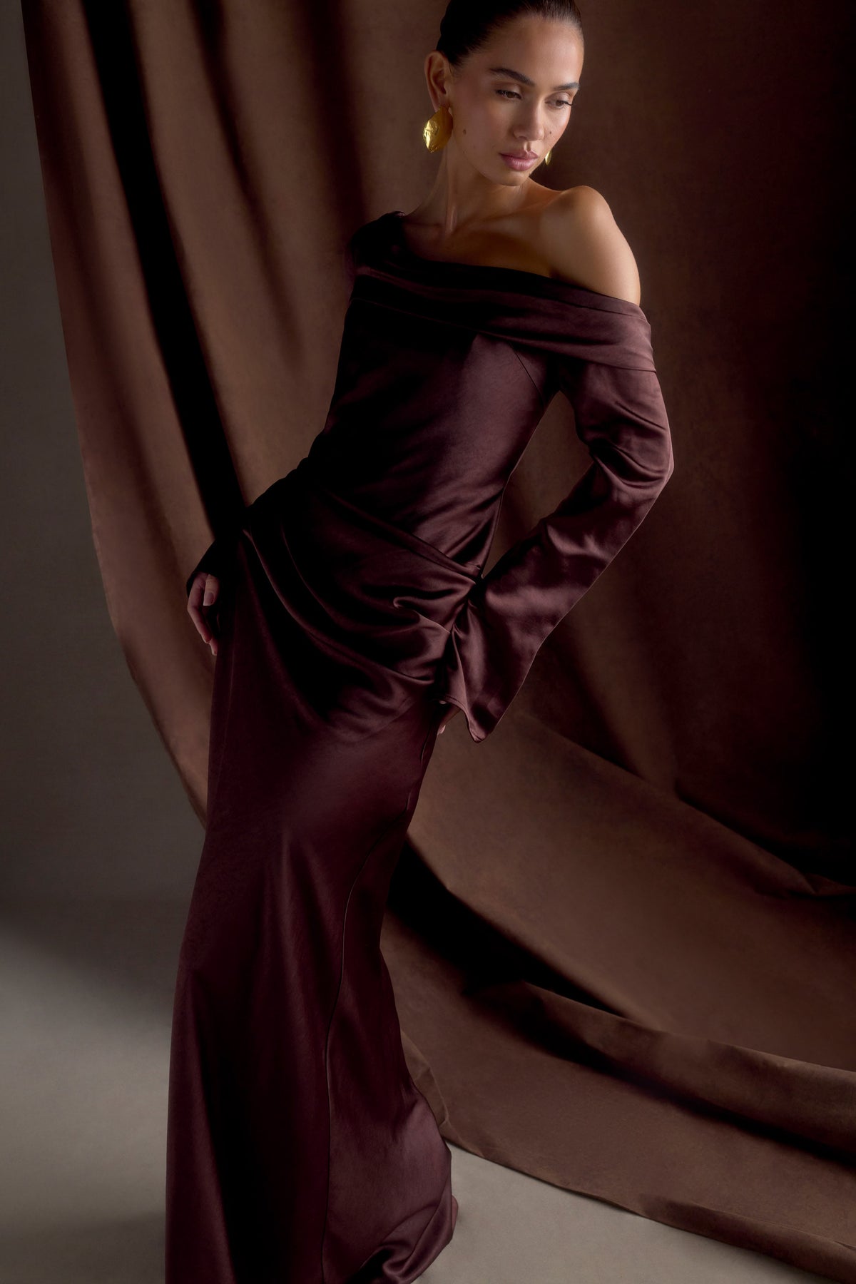 Long Sleeve Satin Maxi Dress - Dark Chocolate