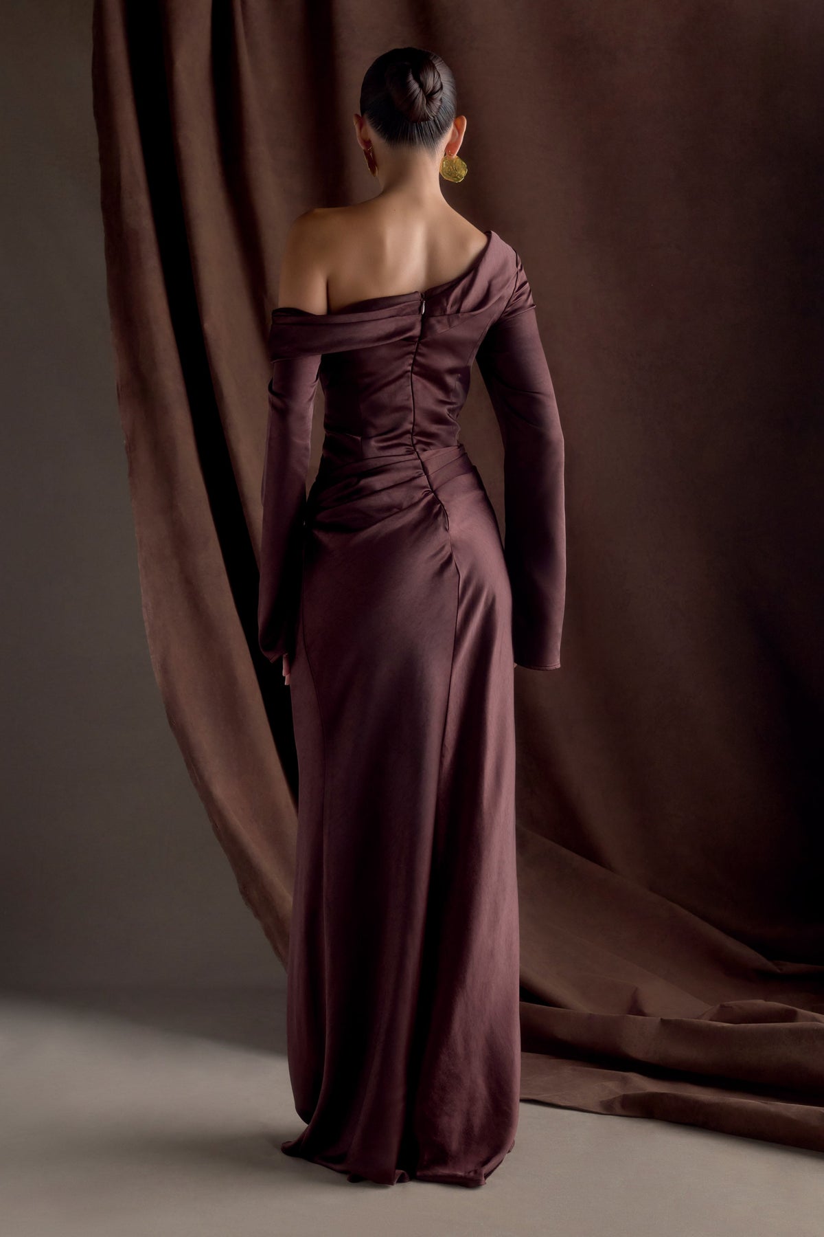Long Sleeve Satin Maxi Dress - Dark Chocolate