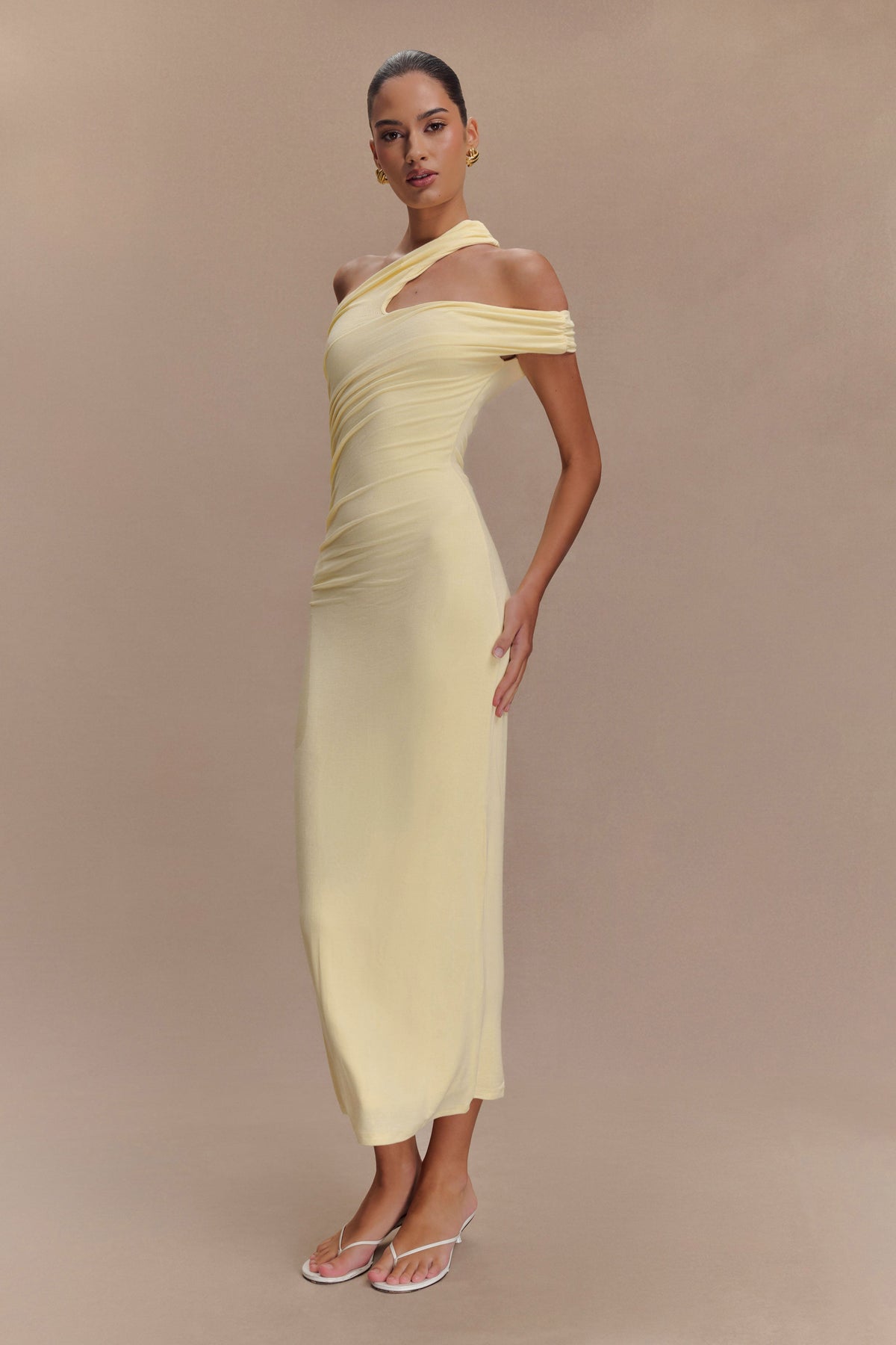 One Shoulder Modal Midi Dress - Pale Lemon