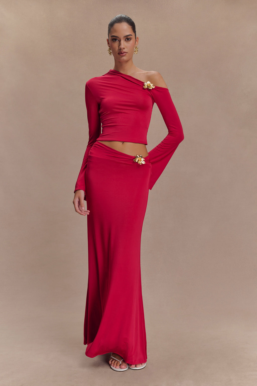 Asymmetrical Maxi Skirt With Floral Hardware - Fuchsia Pink