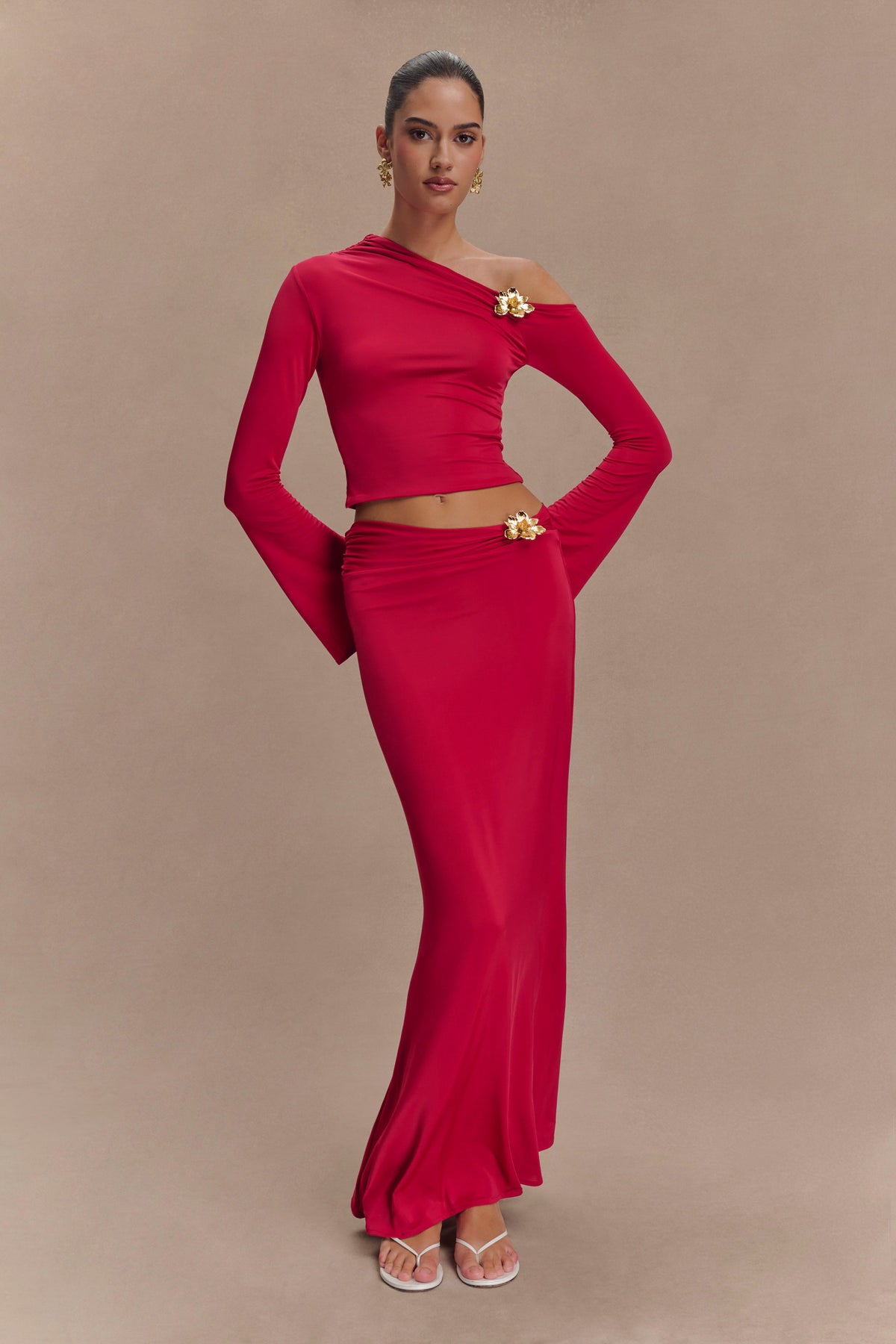 Asymmetrical Maxi Skirt With Floral Hardware - Fuchsia Pink