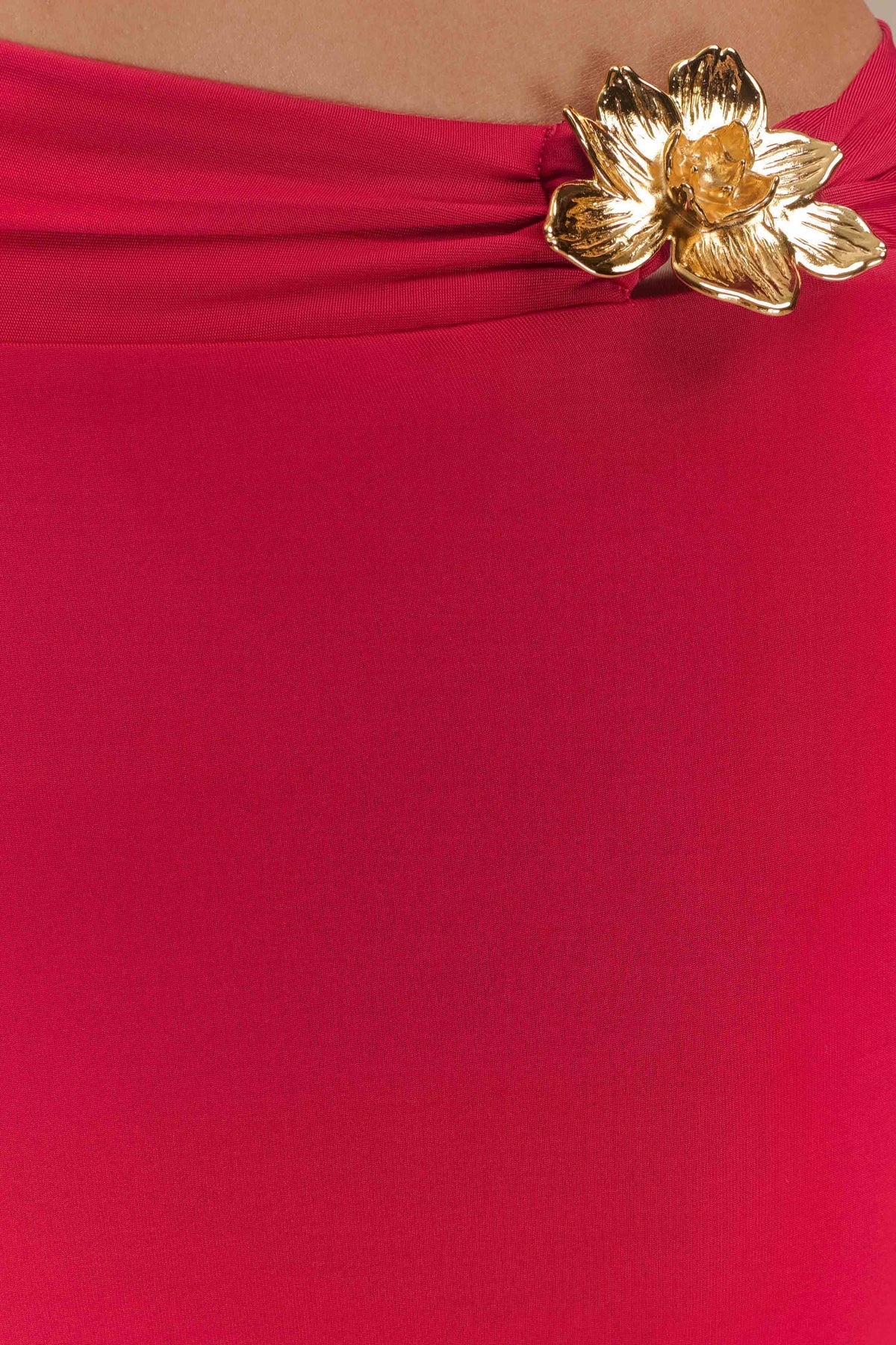 Asymmetrical Maxi Skirt With Floral Hardware - Fuchsia Pink