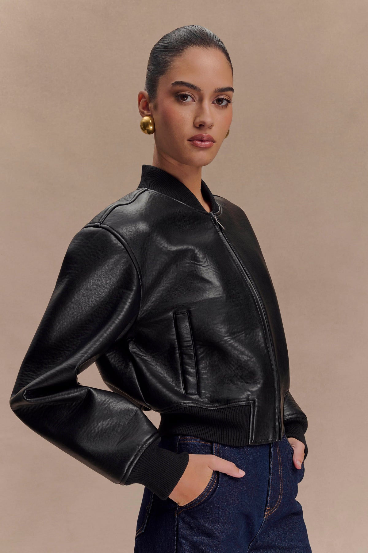 Faux Leather Bomber Jacket - Black