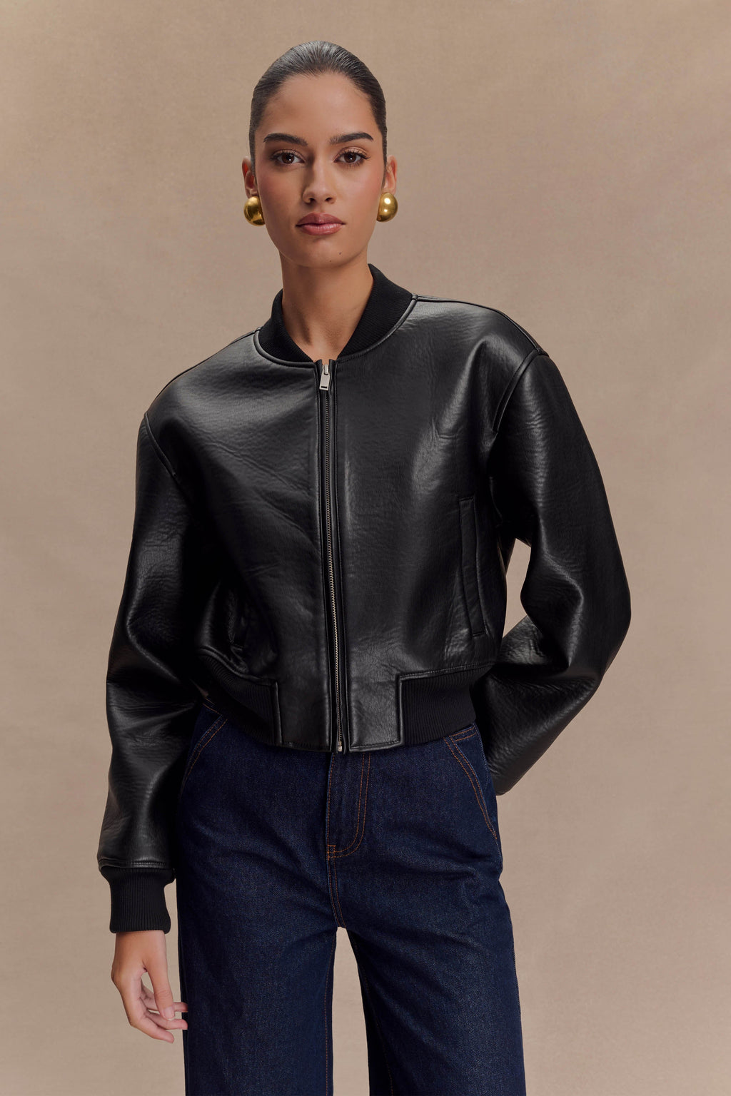Faux Leather Bomber Jacket - Black