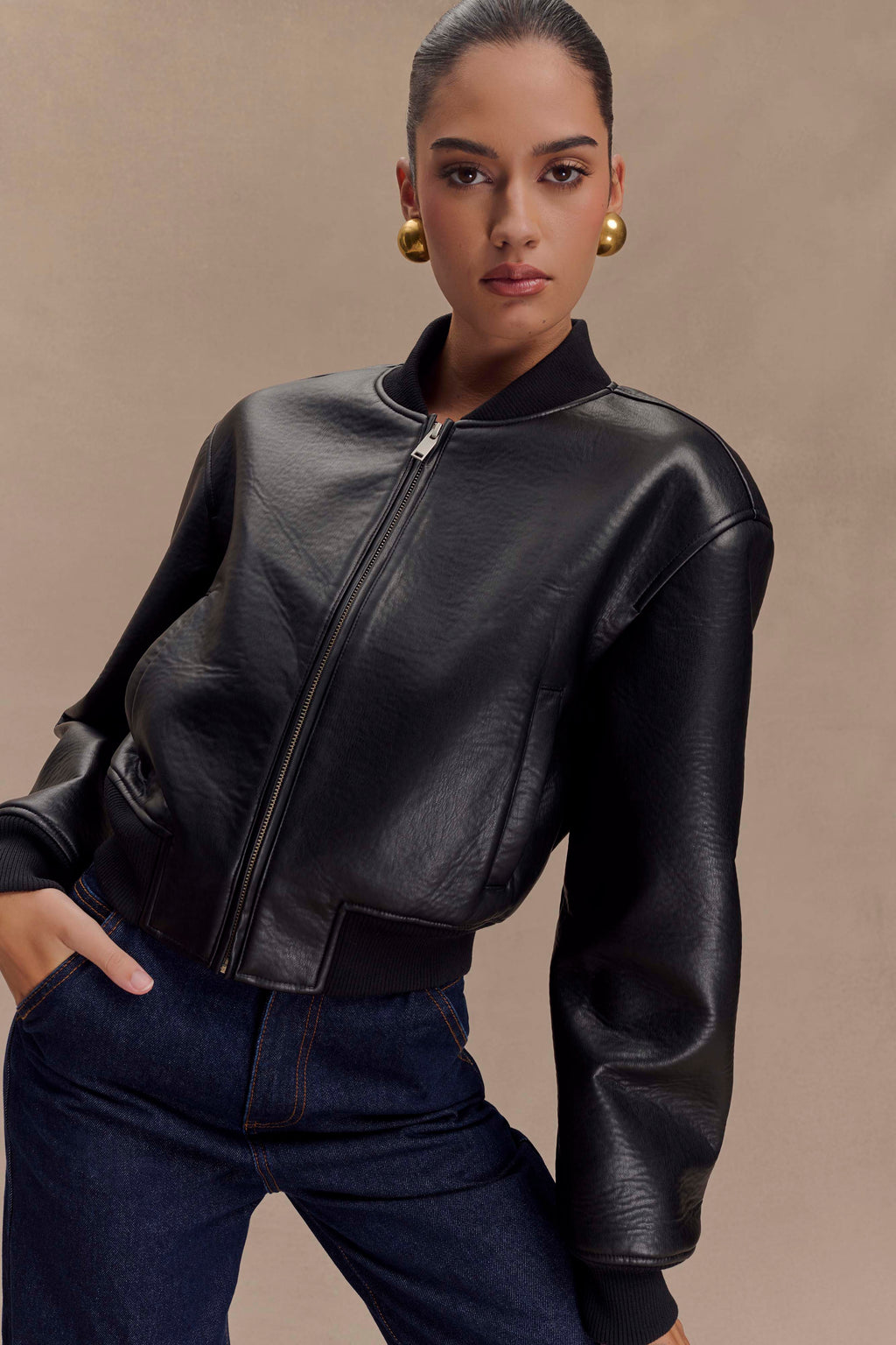 Faux Leather Bomber Jacket - Black